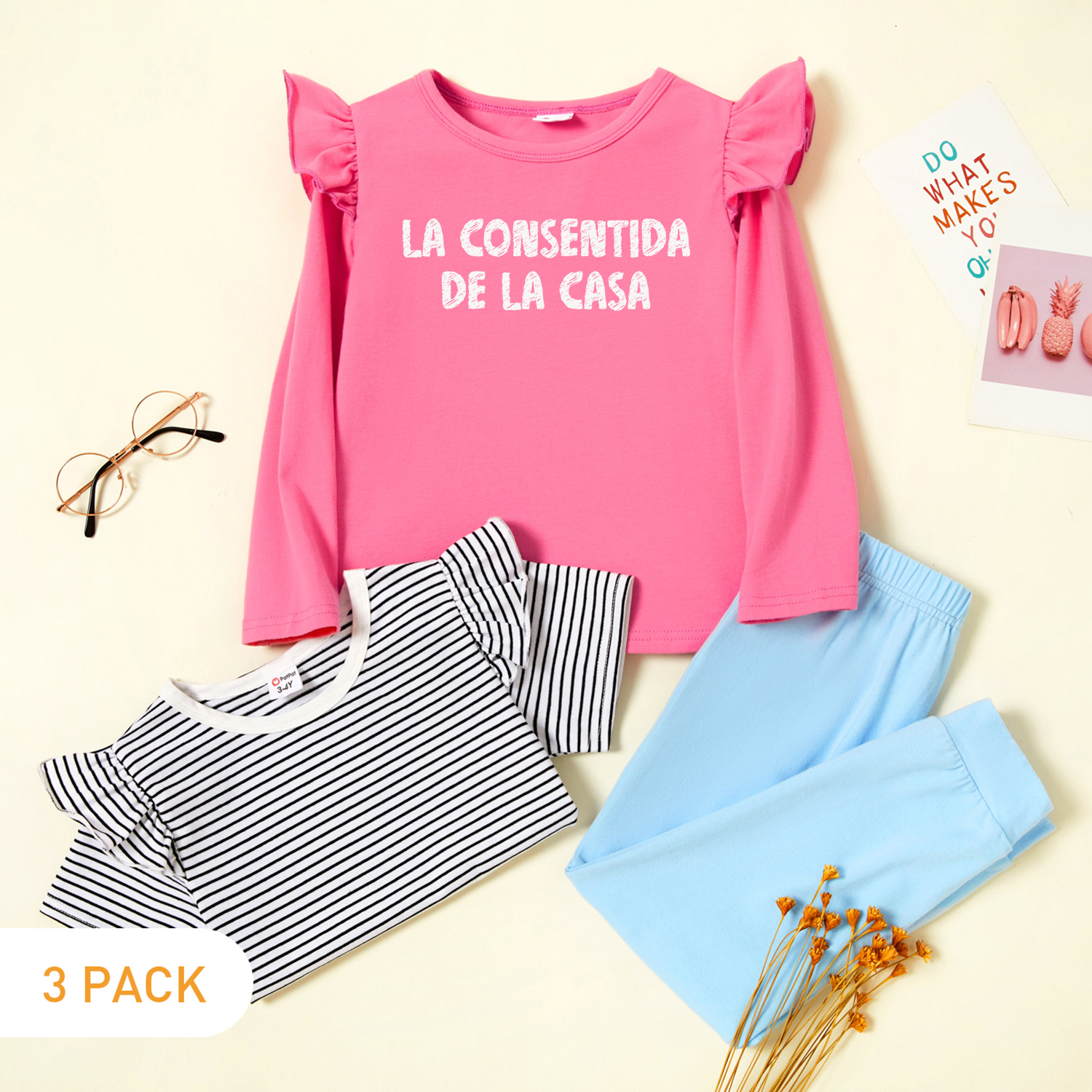 

3-Pack Toddler Girl Graphic Letter Print Ruffled Long-sleeve Tee & Striped Ruffled Short-sleeve Tee & Pants Set
