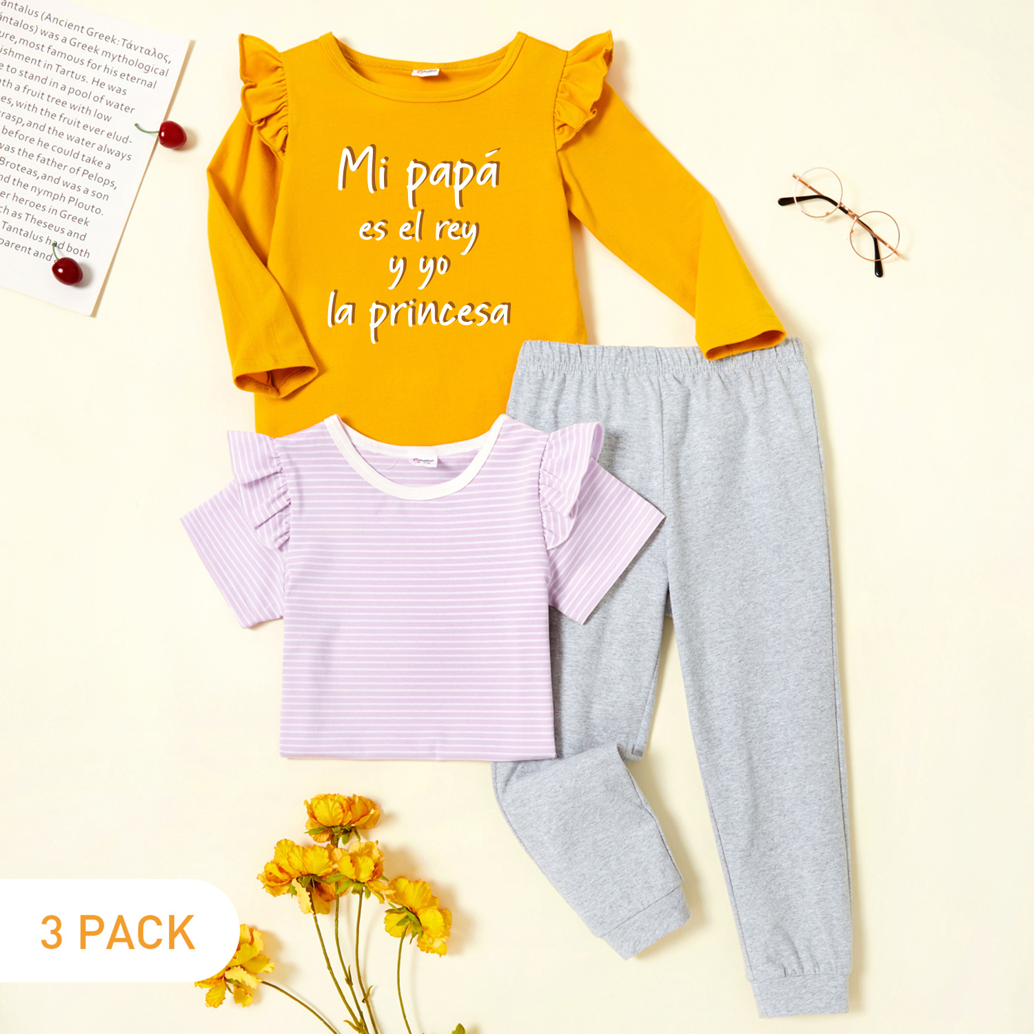 

3-Pack Toddler Girl Graphic Letter Print & Striped Tee & Pants Set