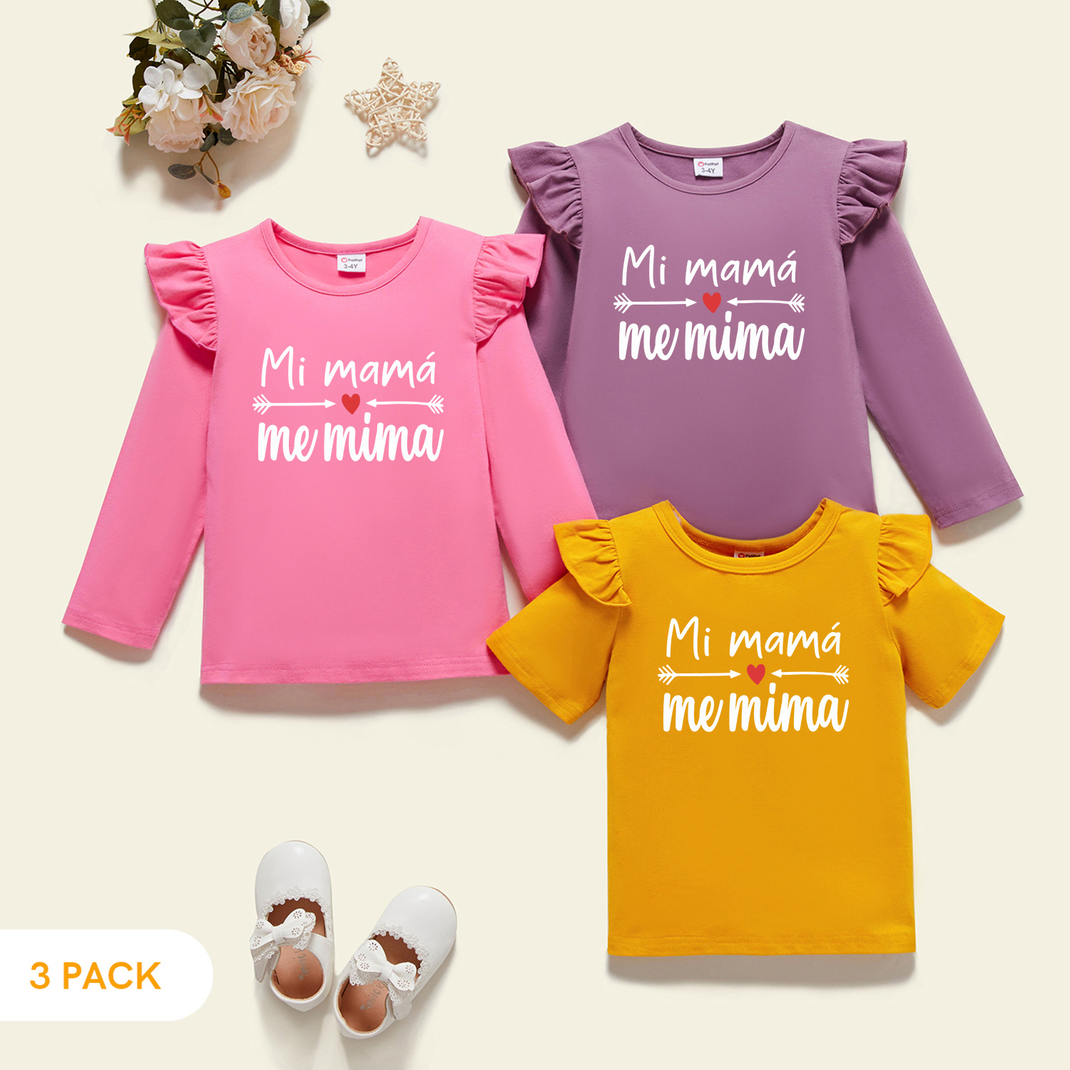 

3-Pack Toddler Girl Graphic Letter & Heart Print Ruffled Tee Set