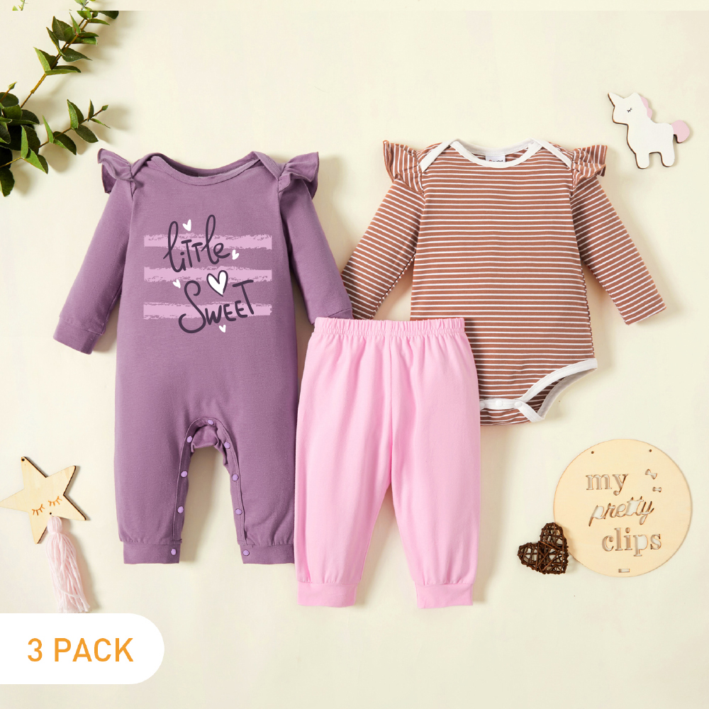 

3-Pack Baby Girl Graphic Letter and Heart Print Striped Ruffled Long-sleeve Romper Jumpsuit Pants Set