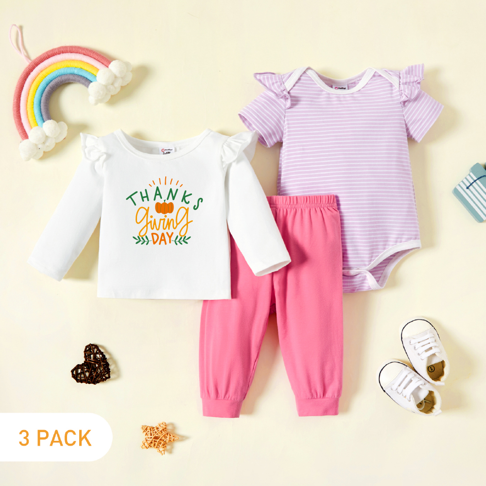 

Thanksgiving 3-Pack Baby Graphic Letter Print & Striped Ruffled Romper Tee Pants Set