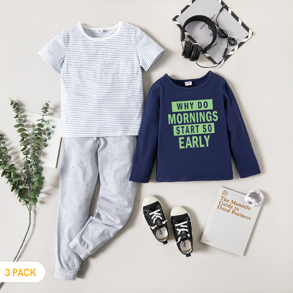 

3-Pack Kids Boy Graphic Letter Print & Striped Tee Pants Set