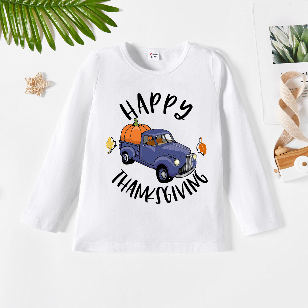

Thanksgiving Kid Boy Graphic Letter and Pumpkin and Truck Print Long-sleeve Tee