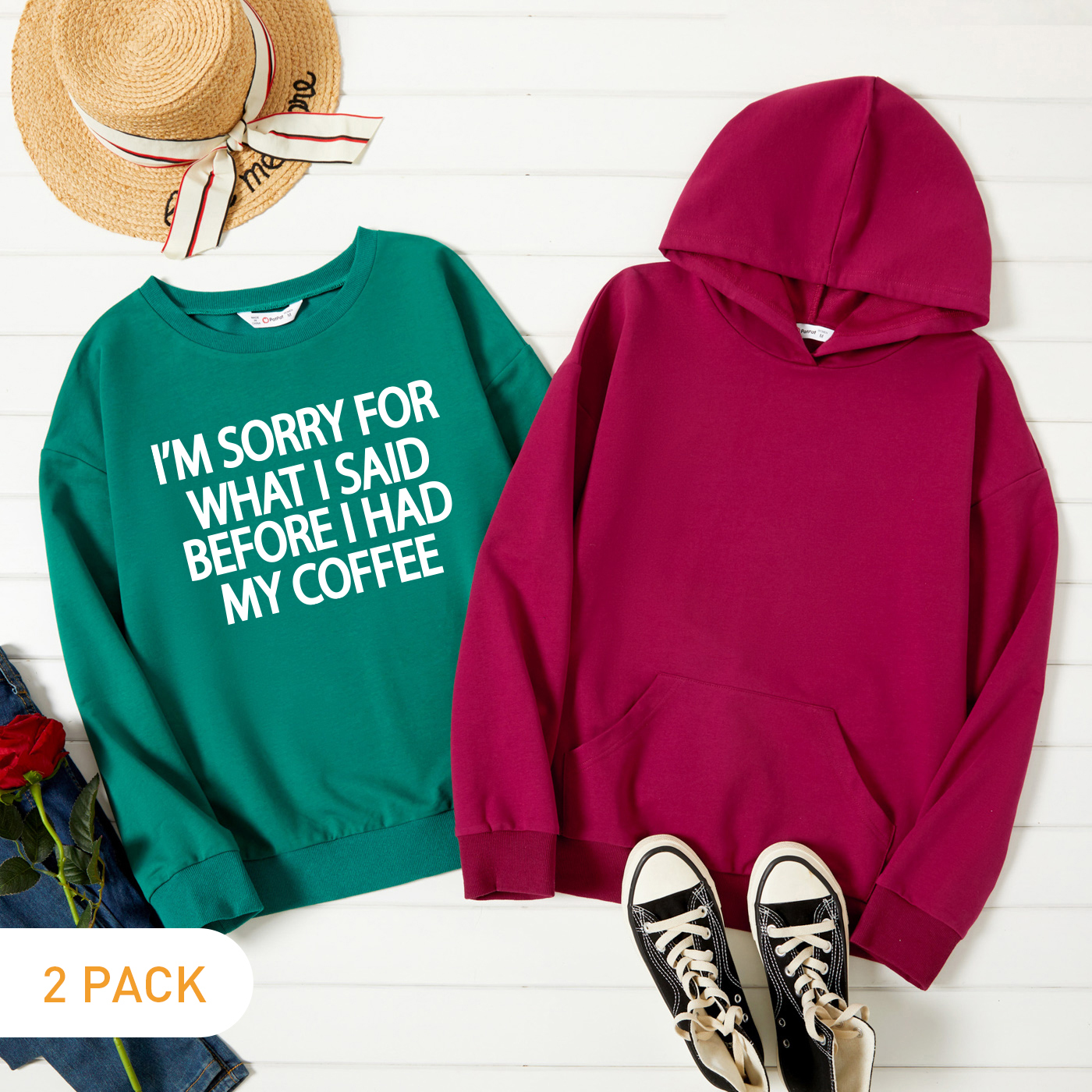 

2-Pack Women Graphic Letter Print Long-sleeve Pullover & Hooded Pullover Set