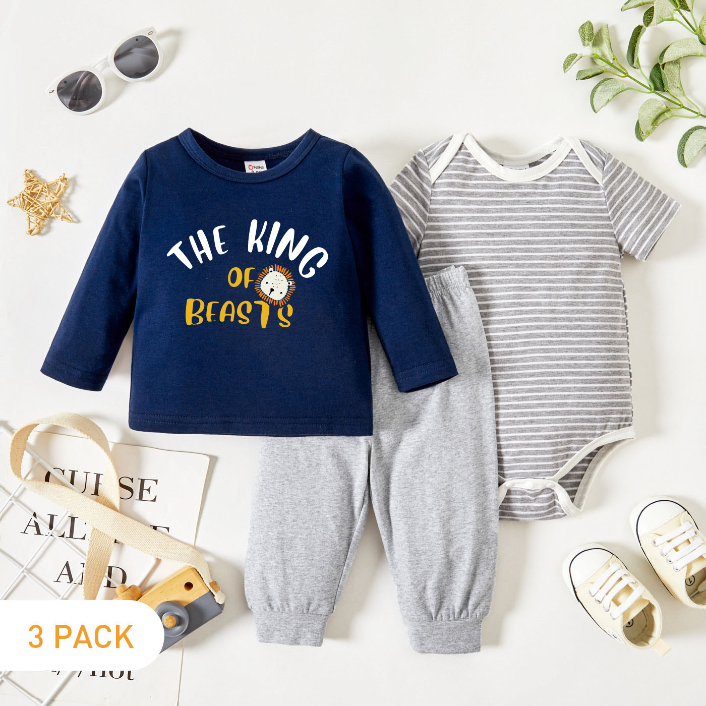 

3-Pack Baby Graphic Letter and Lion Print Long-sleeve Tee & Striped Short-sleeve Romper & Pants Set