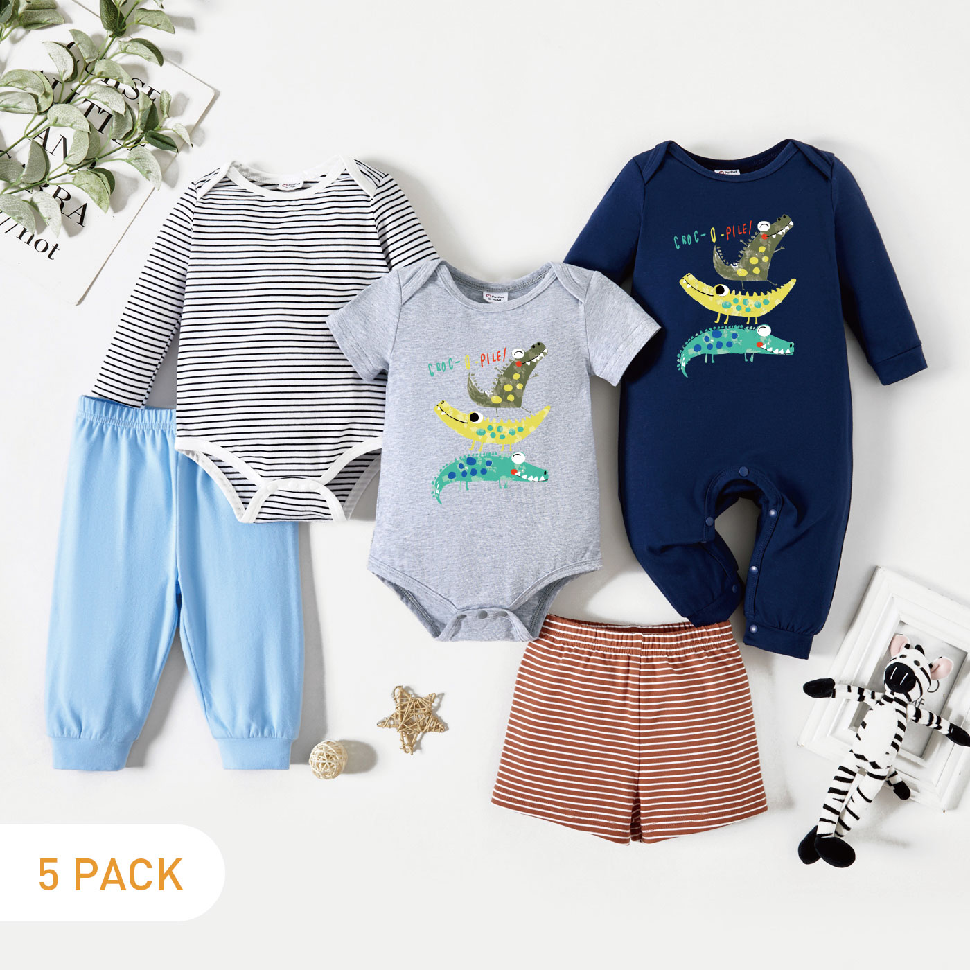 

5-Pack Baby Graphic Dinosaur Print & Striped Romper Jumpsuit Pants Set