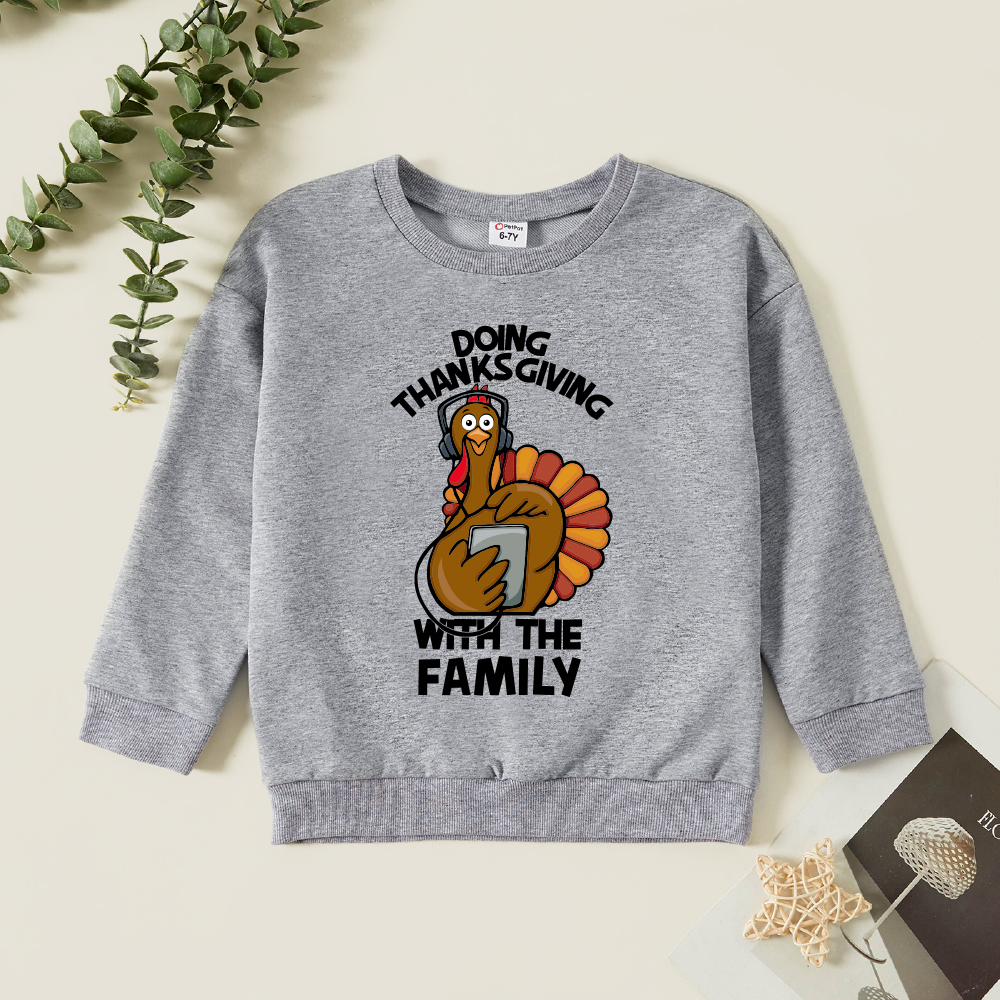 

Thanksgiving Kids Boy Graphic Letter & Turkey Print Long-sleeve Pullover