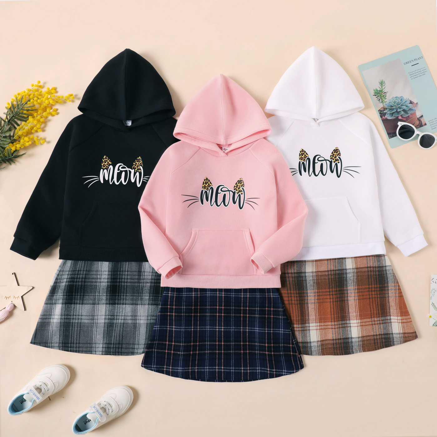 

2-piece Kid Girl Letter Leopard Print Hoodie Sweatshirt and Plaid Skirt Set