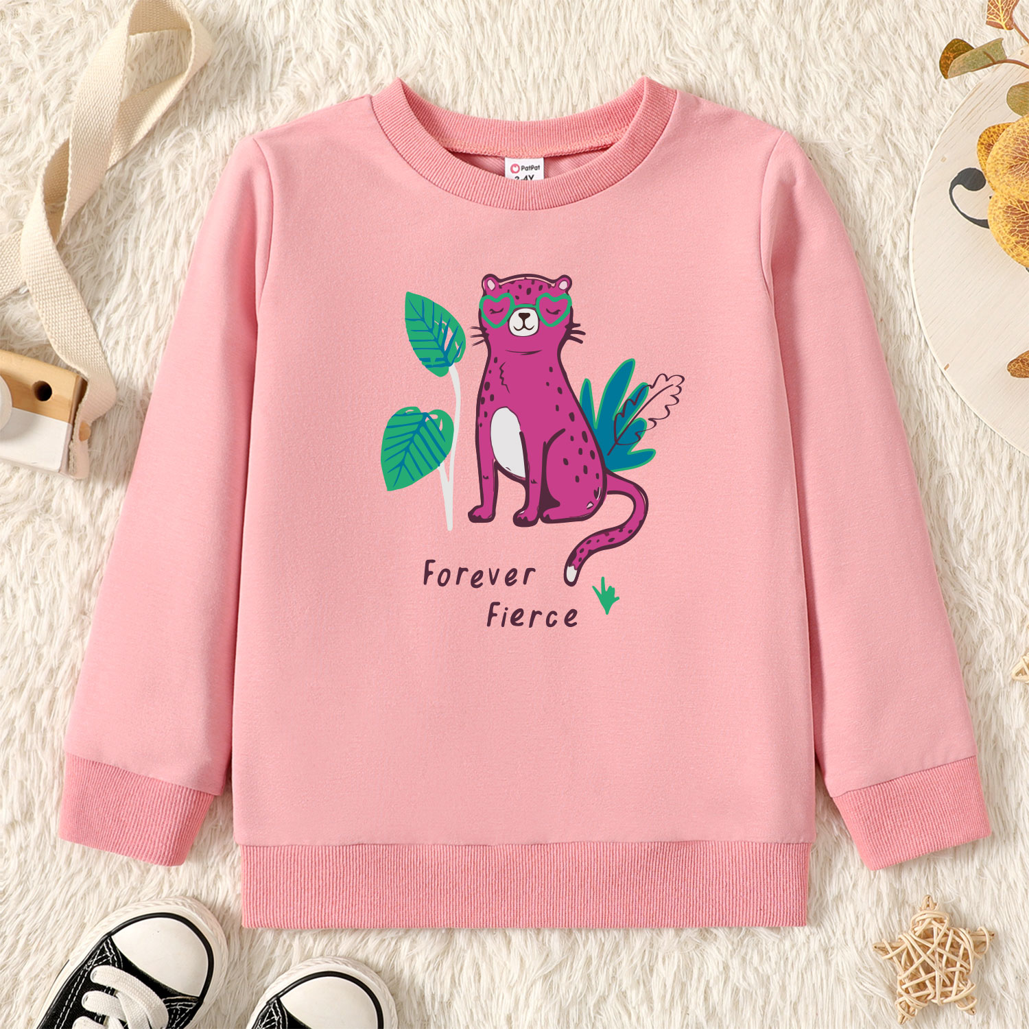

Toddler Girl Graphic Cat and Plant and Letter Print Long-sleeve Pullover