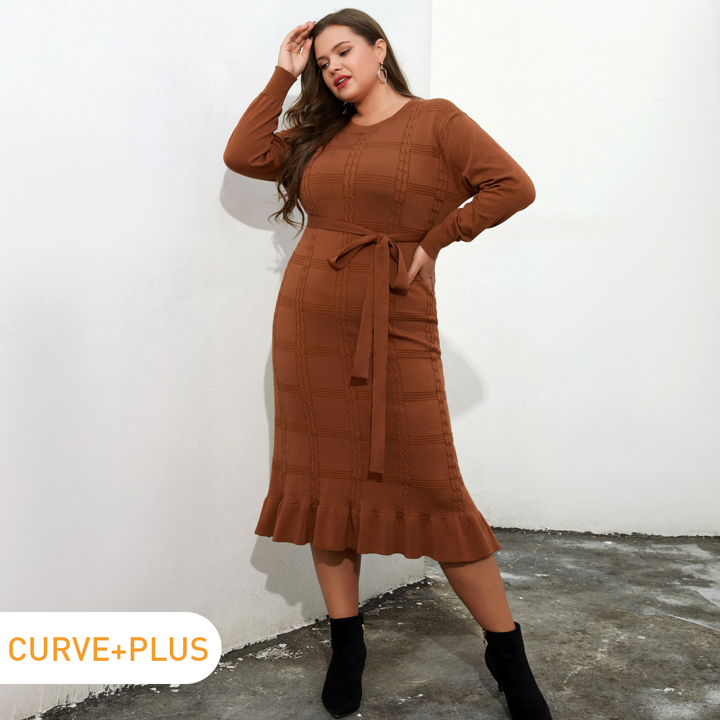 

Women Plus Size Casual Cable Knit Belted Ruffle Hem Long-sleeve Dress