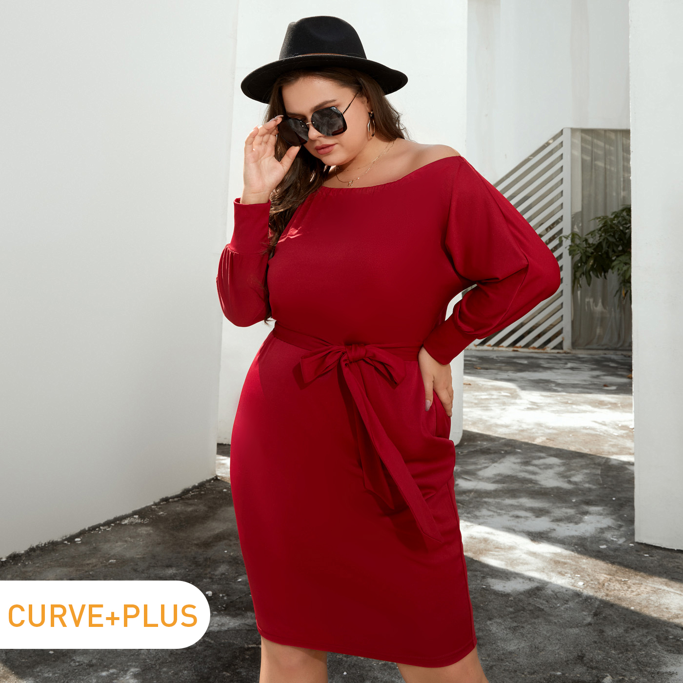 

Women Plus Size Casual Off Shoulder Belted Long-sleeve Dress