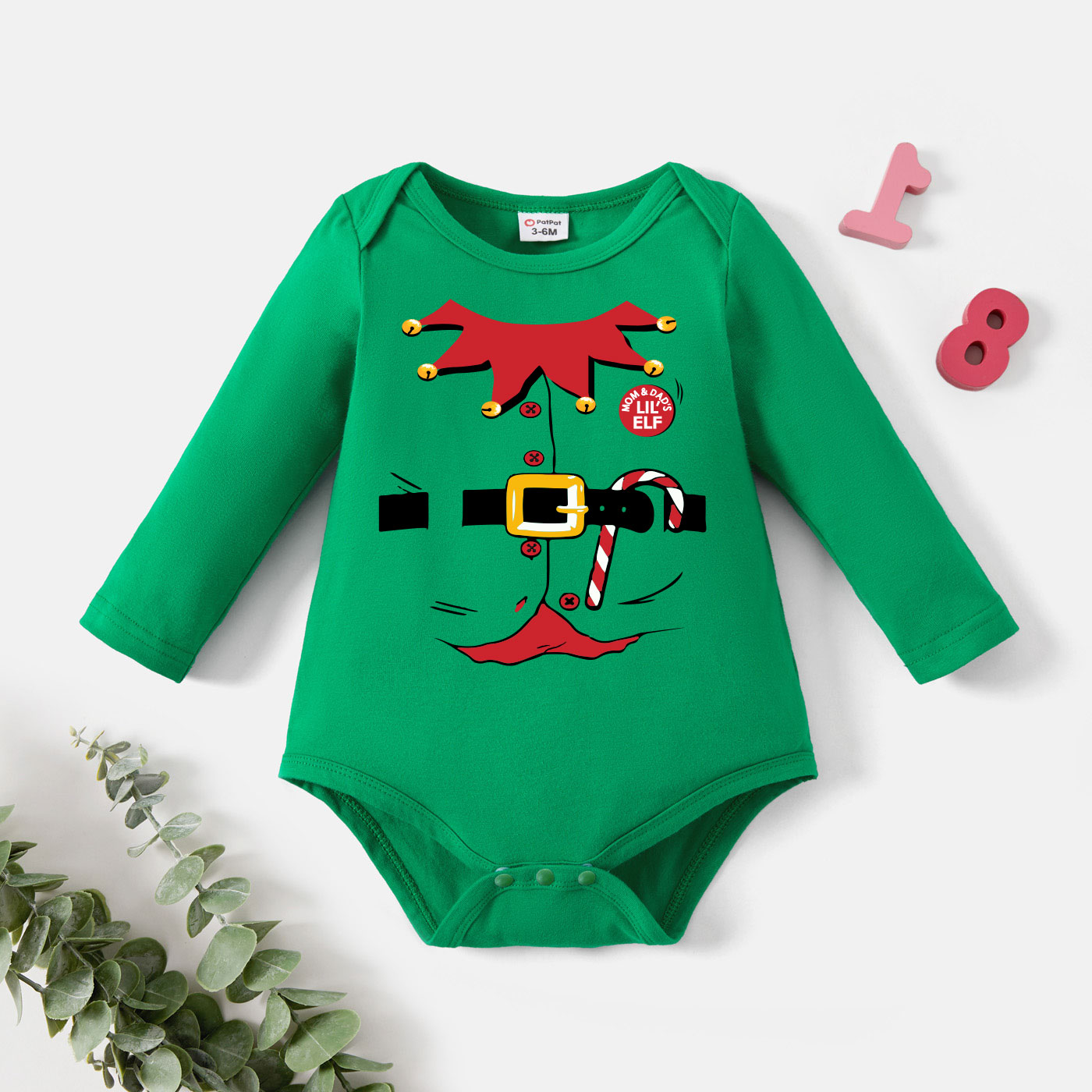 

Christmas Baby Graphic Elf and Letter Print Long-sleeve Romper