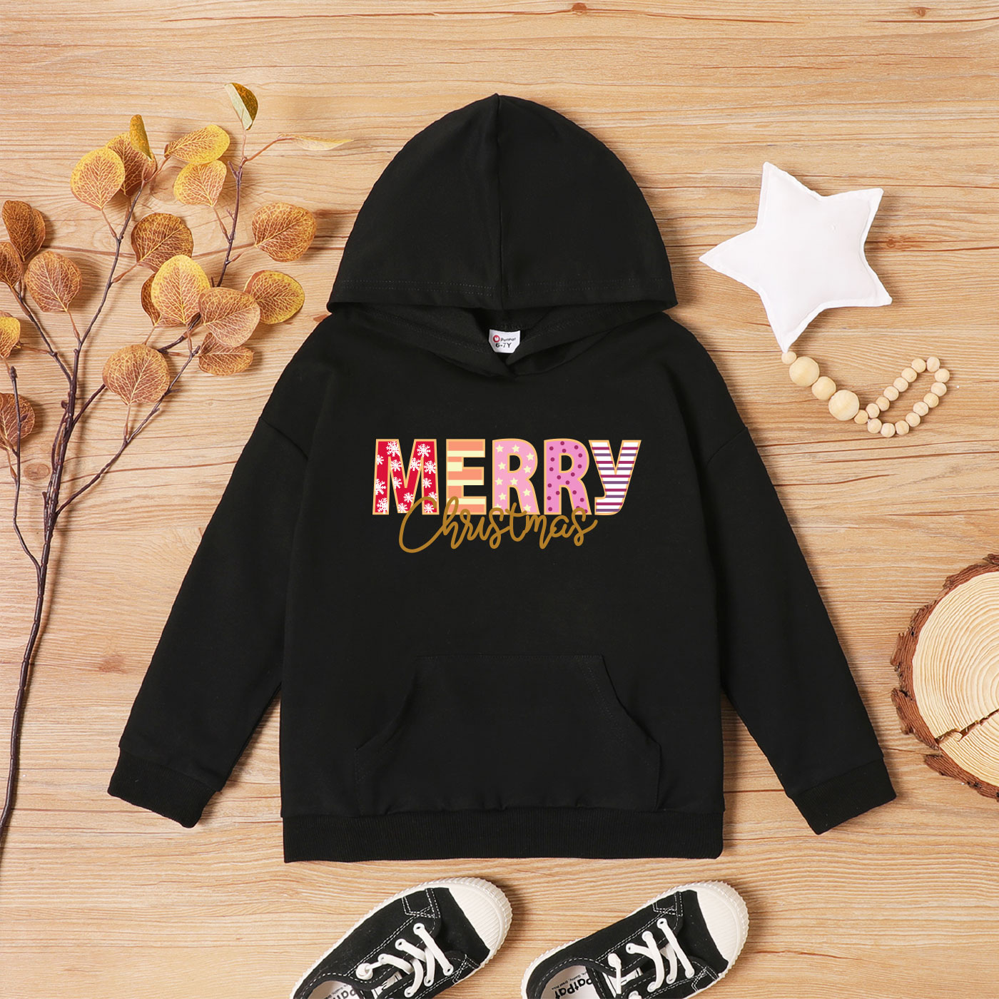 

Christmas Kid Graphic Letter Print Long-sleeve Hooded Pullover