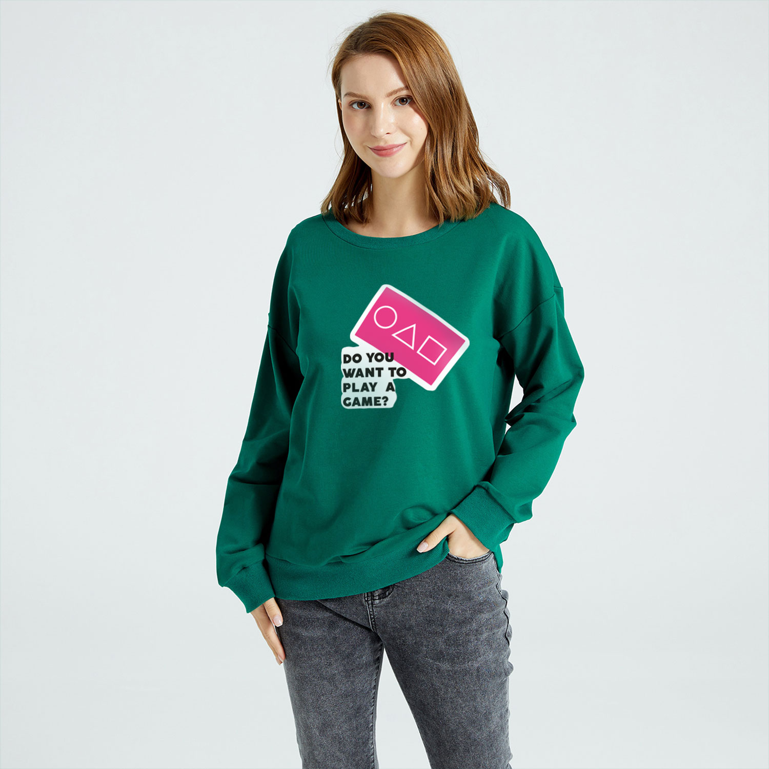 

Women Graphic Letter and Geometry Print Round-collar Long-sleeve Pullover