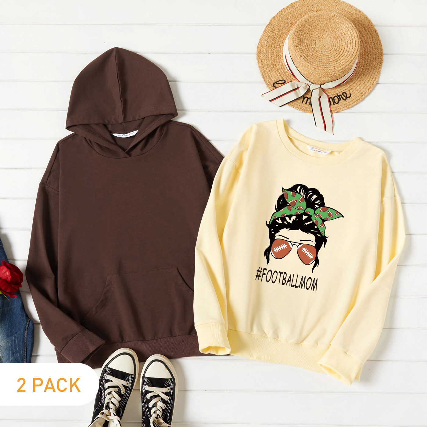 

2-Pack Women Graphic Letter and Portrait Print Long-sleeve Pullover & Hooded Pullover Set
