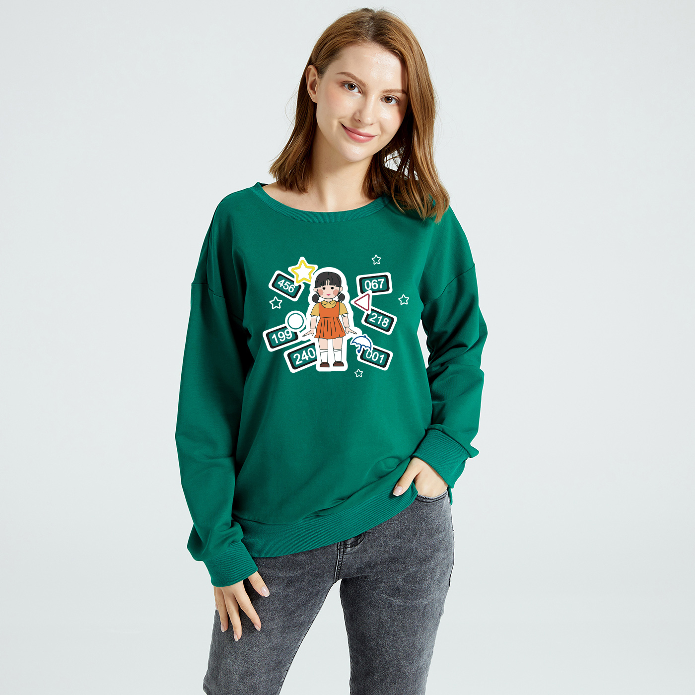 

Women Graphic Figure and Number and Stars Print Round-collar Long-sleeve Pullover