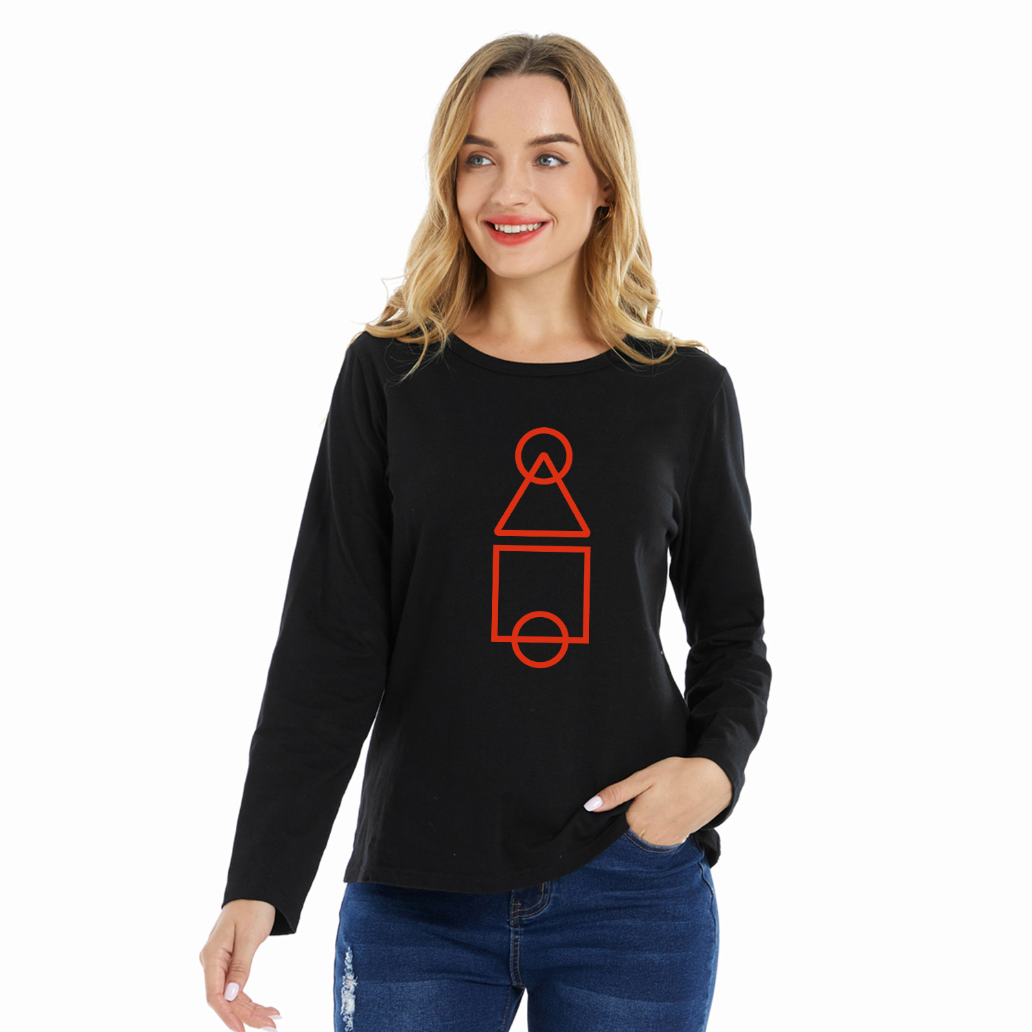 

Women Graphic Geometry Print Round-collar Long-sleeve Tee