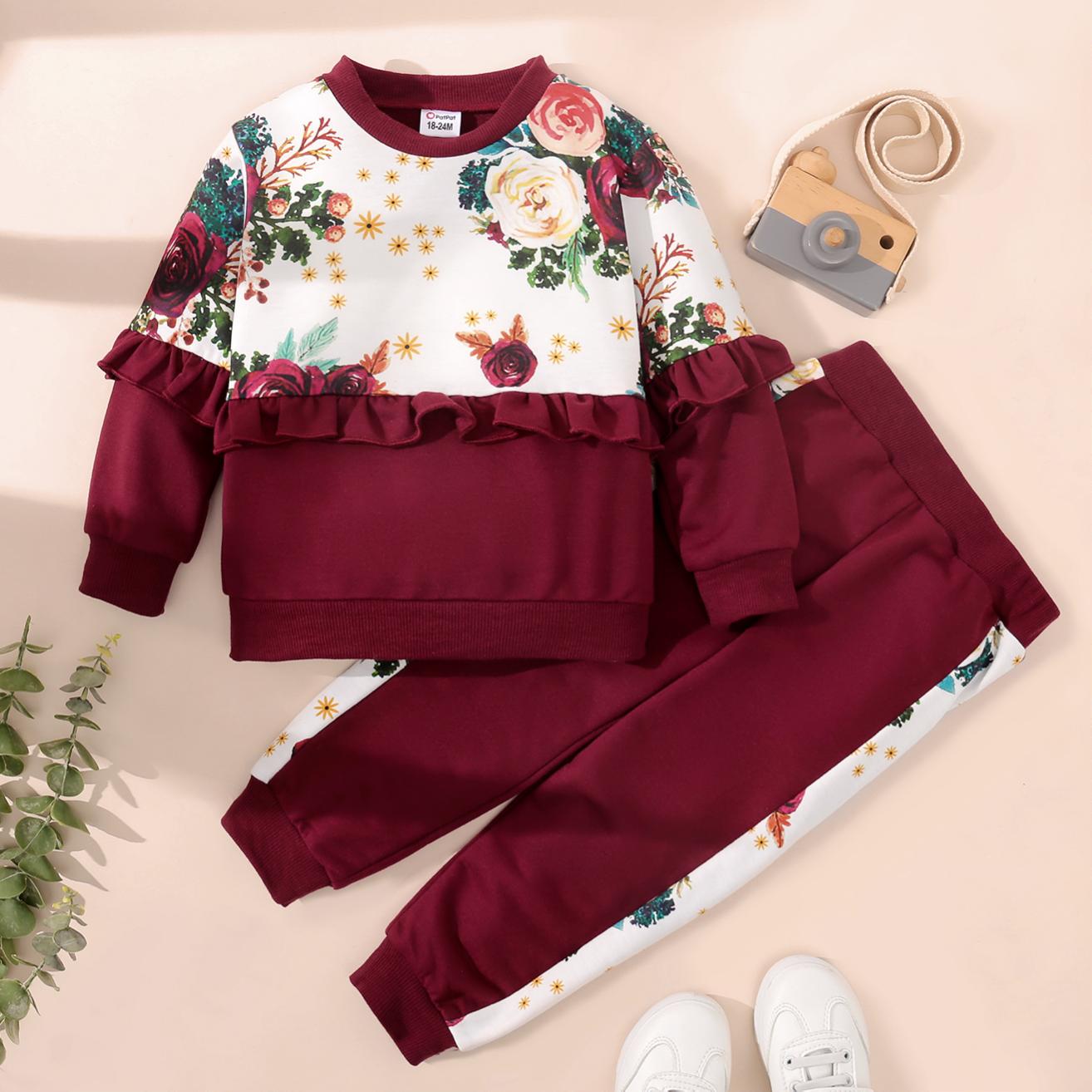 

2-piece Toddler Girl Floral Print Ruffled Sweatshirt and Pants Casual Set