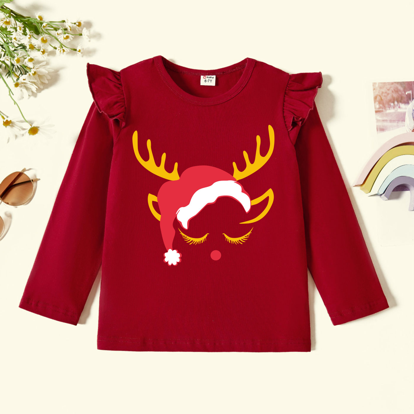 

Christmas Kids Girl Graphic Reindeer Print Ruffled Long-sleeve Tee