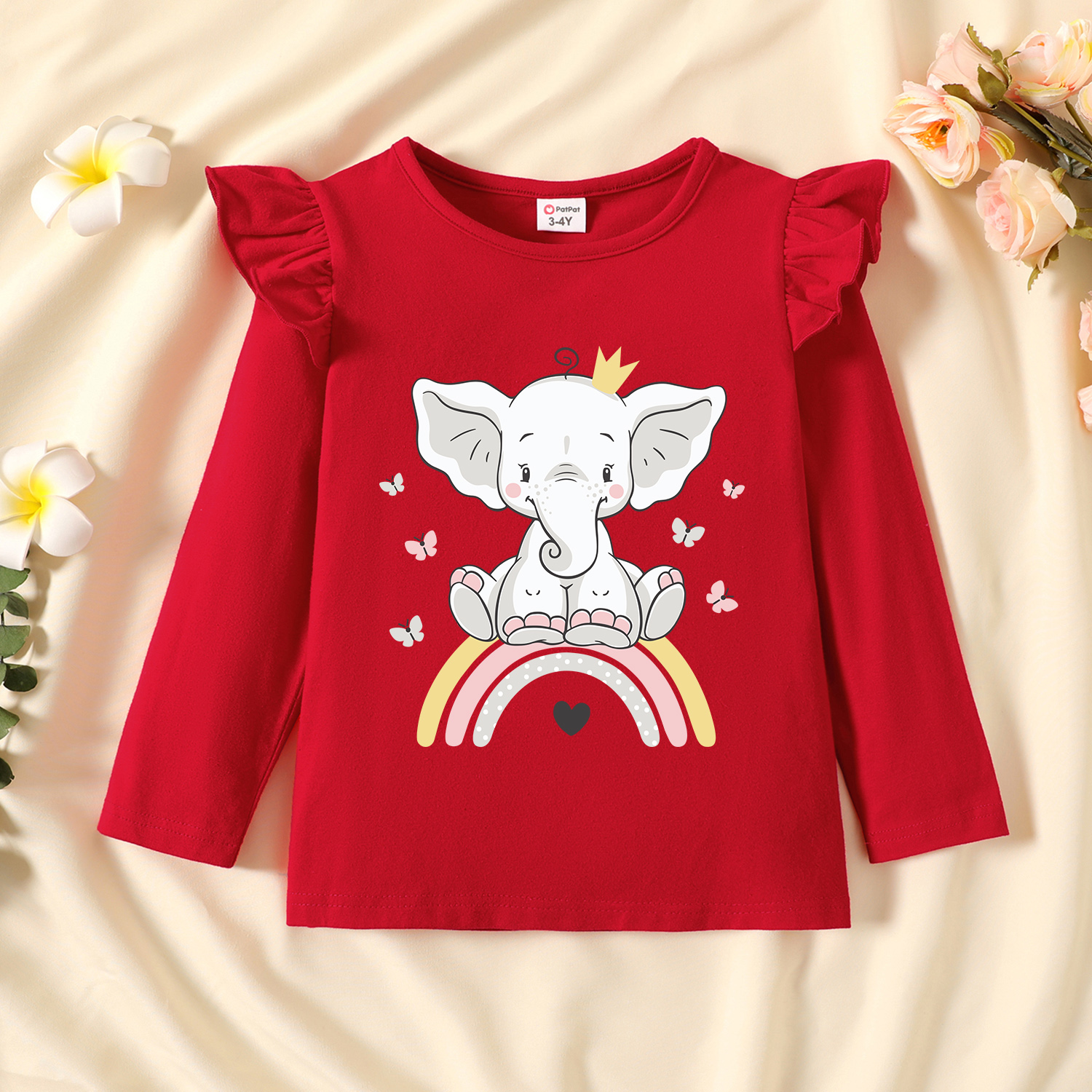 

Toddler Girl Graphic Elephant and Butterfly and Rainbow Print Ruffled Long-sleeve Tee