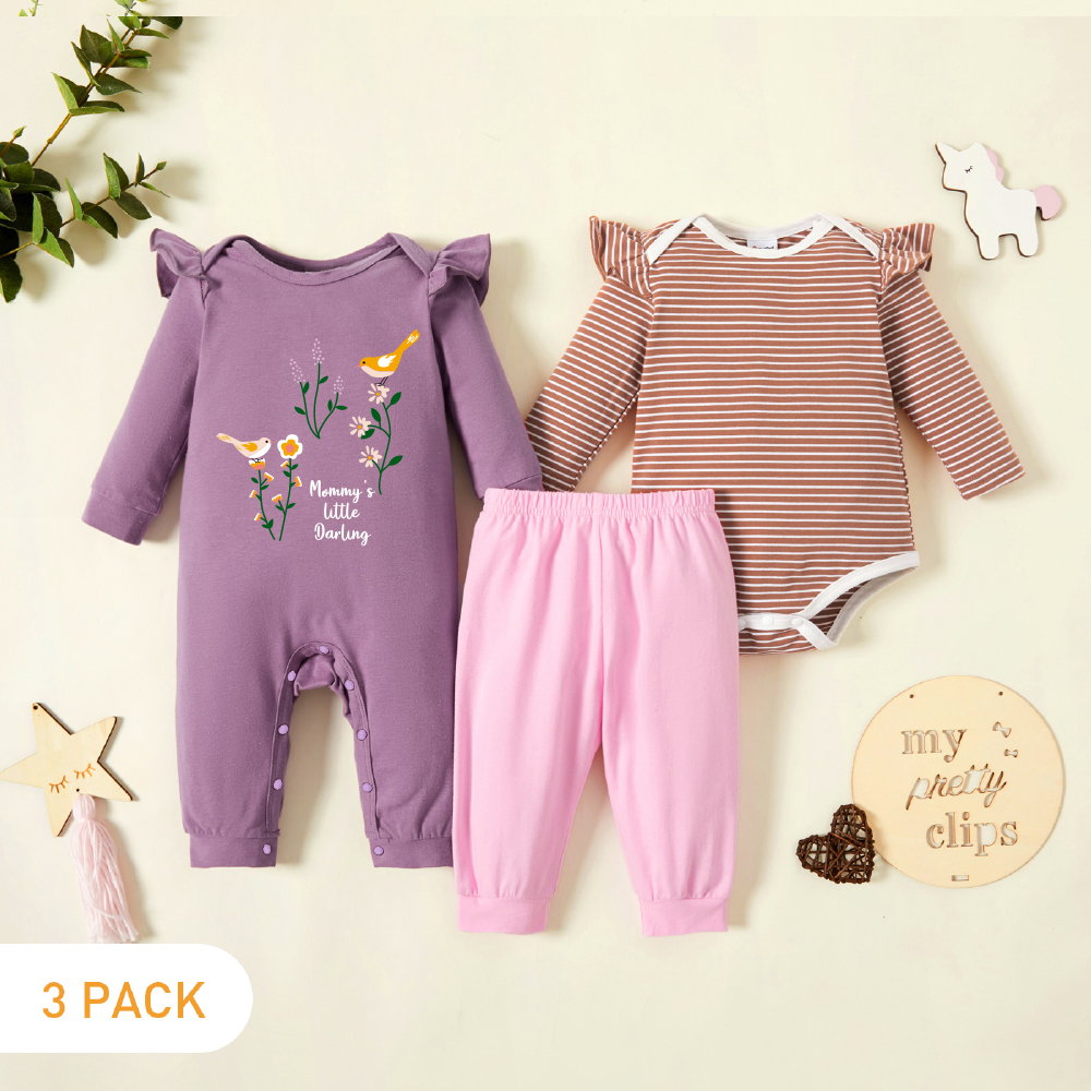

3-Pack Baby Girl Graphic Floral and Bird and Letter Print Striped Ruffled Long-sleeve Romper Jumpsuit Pants Set