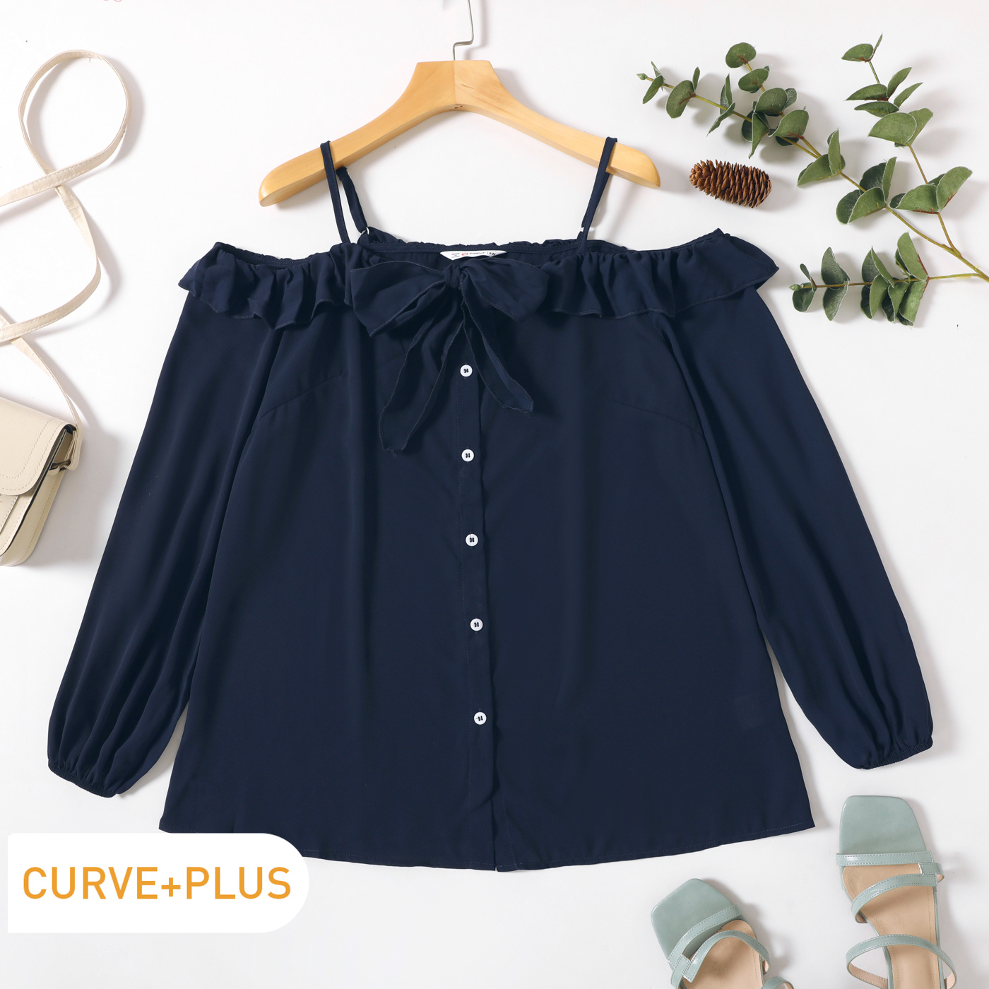 

Women Plus Size Elegant Ruffled Off Shoulder Button Design Strap Blouse