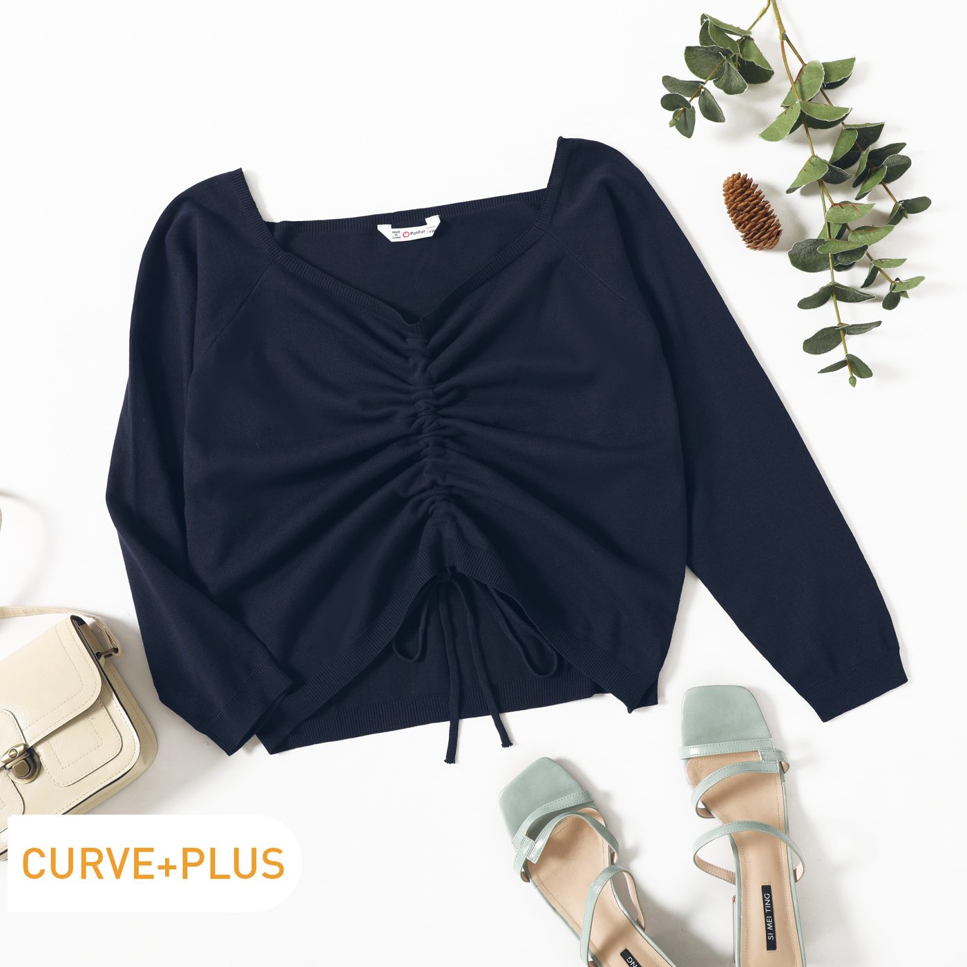 

Women Plus Size Elegant Sweetheart Collar Drawstring Long-sleeve Dark Blue Knit Top