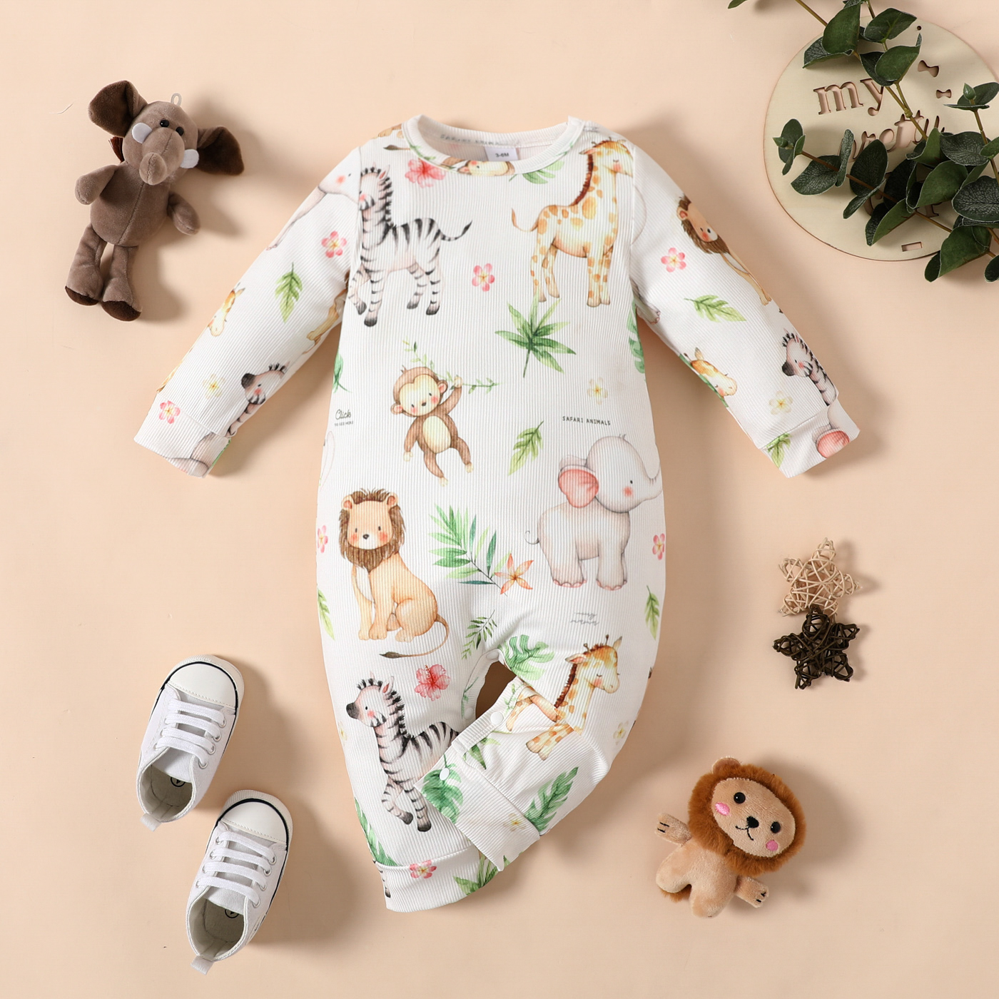 

Baby Boy/Girl All Over Cartoon Animal Print White Long-sleeve Jumpsuit