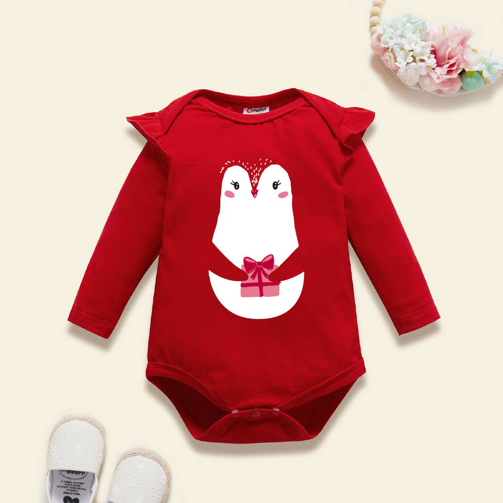

Christmas Baby Girl Graphic Penguin and Gift Print Ruffled Long-sleeve Romper