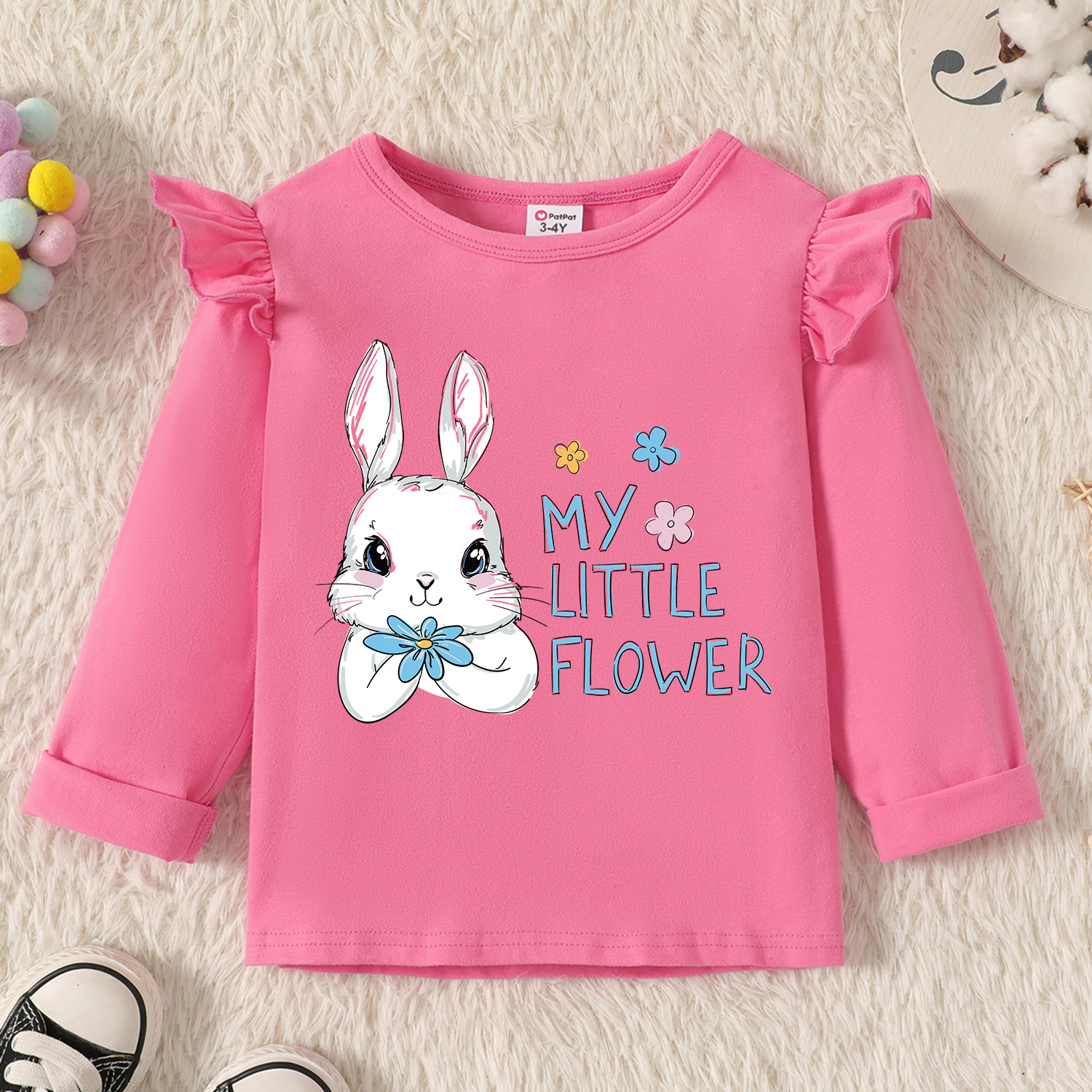 

Toddler Girl Graphic Letter and Floral and Rabbit Print Ruffled Long-sleeve Tee