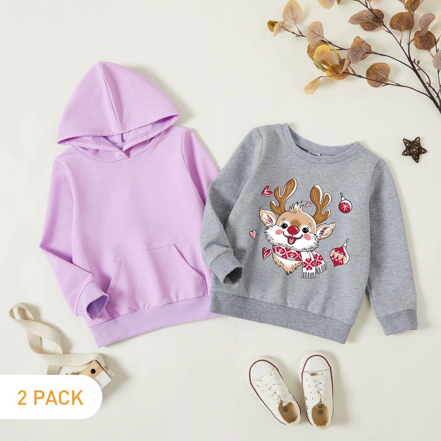

Christmas 2-Pack Toddler Girl Graphic Deer Print Long-sleeve Pullover