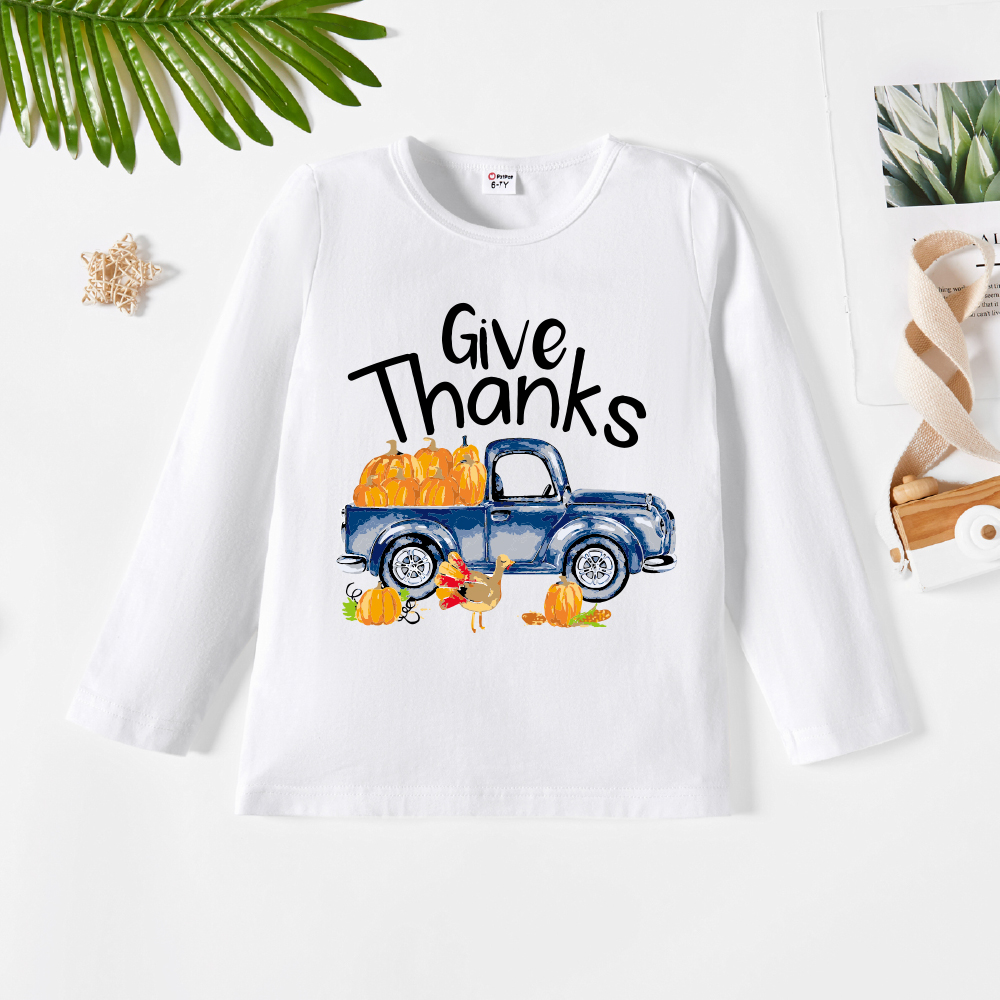 

Thanksgiving Kid Graphic Letter and Truck and Pumpkin Print Long-sleeve Tee