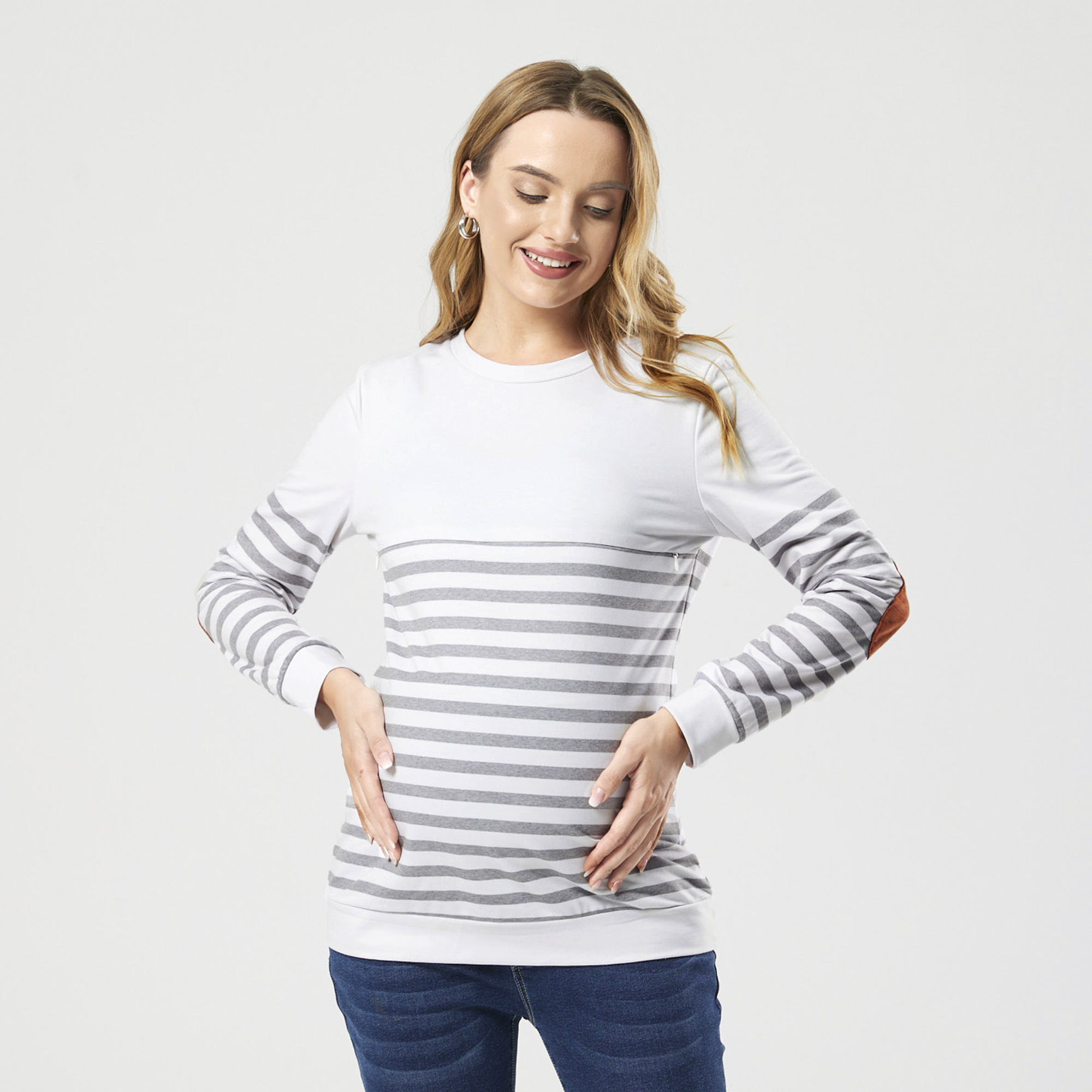 

Nursing Patchwork Design Striped Long-sleeve Pullover
