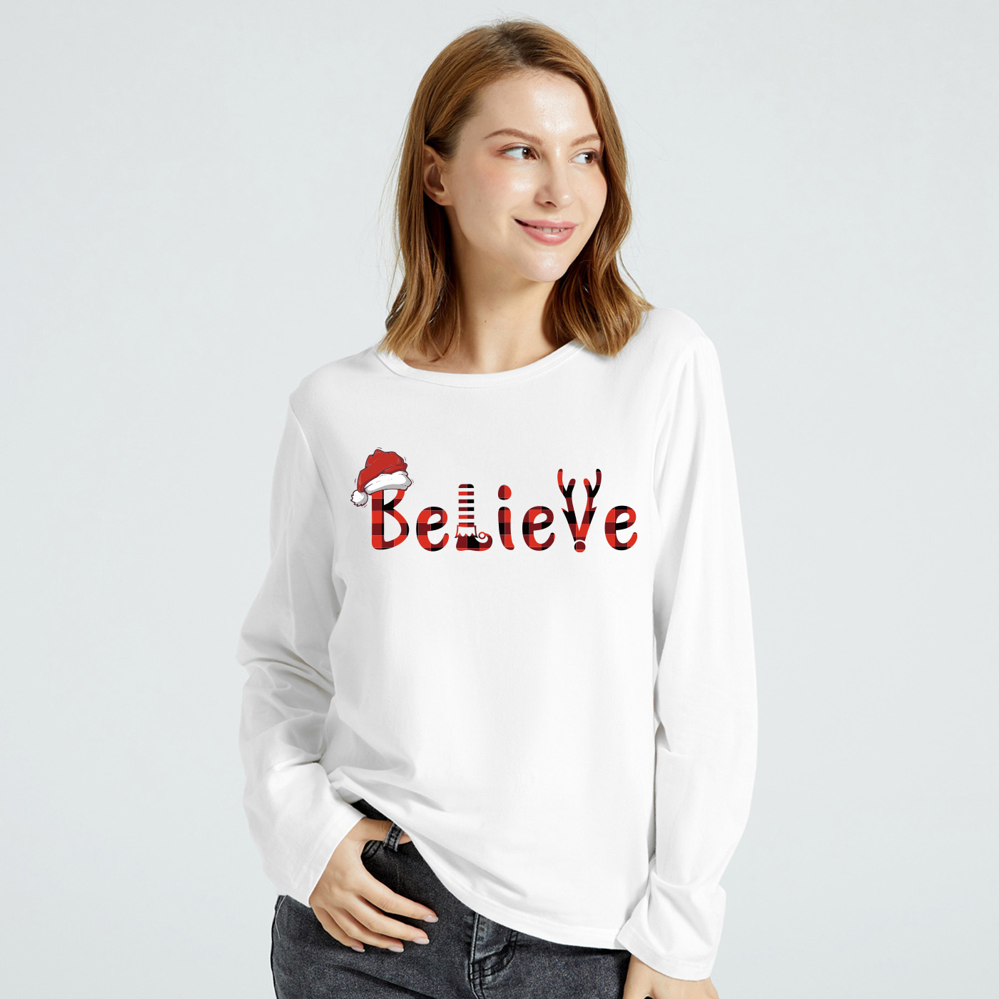 

Christmas Women Graphic Letter Print Round-collar Long-sleeve Tee