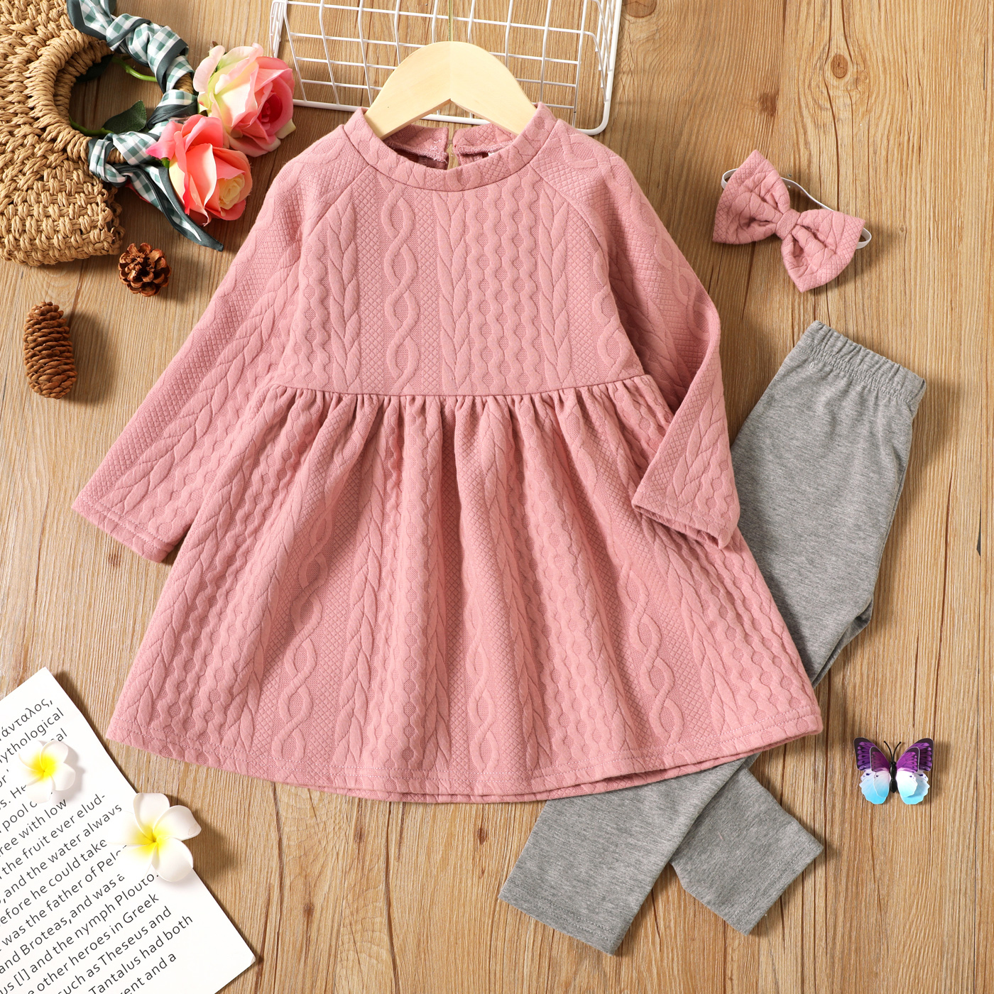 

3-piece Toddler Girl Cable Knit Textured Long-sleeve Pink Dress, Headband and Grey Leggings Set