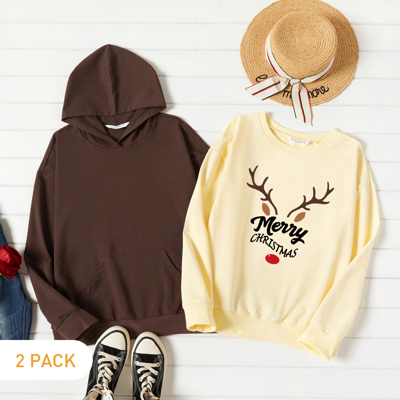

Christmas 2-Pack Women Graphic Letter and Elk Print Long-sleeve Pullover & Hooded Pullover Set