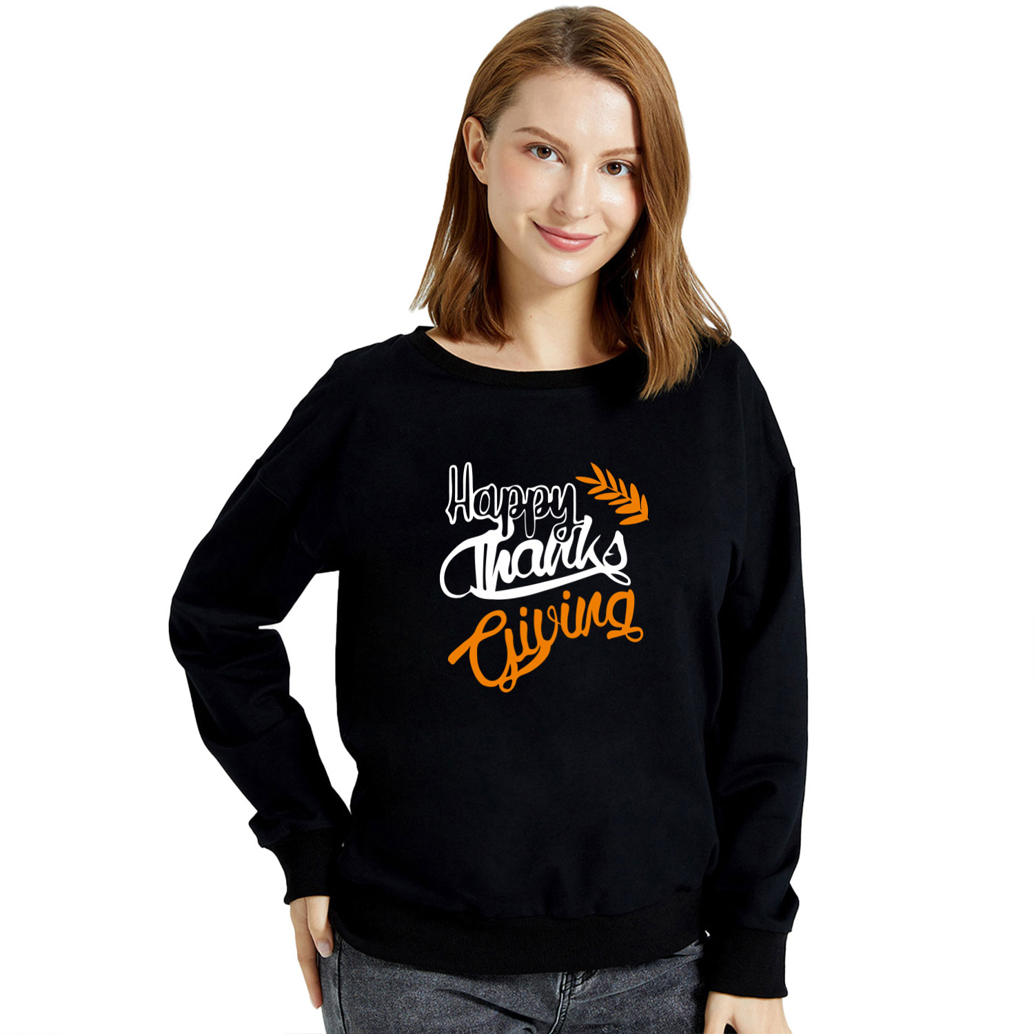 

Thanksgiving Women Graphic Letter Print Round-collar Long-sleeve Pullover