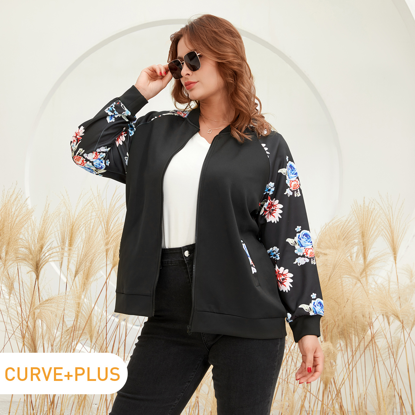 

Women Plus Size Casual Floral Print Zipper Bomber Jacket