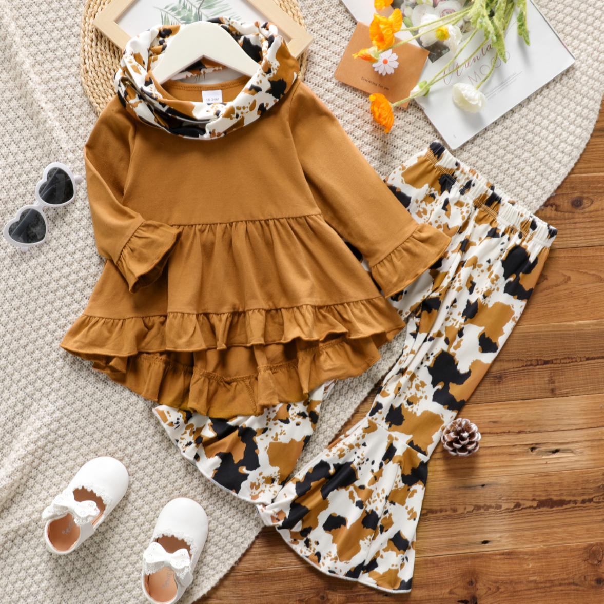 

3-piece Toddler Girl Ruffled Long-sleeve High Low Top, Allover Print Flared Pants and Scarf Set