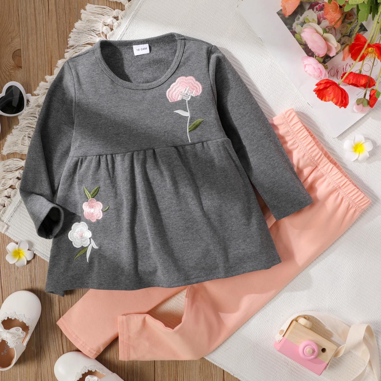 

2-piece Toddler Boy Floral Embroidered Long-sleeve Top and Pink Pants Set