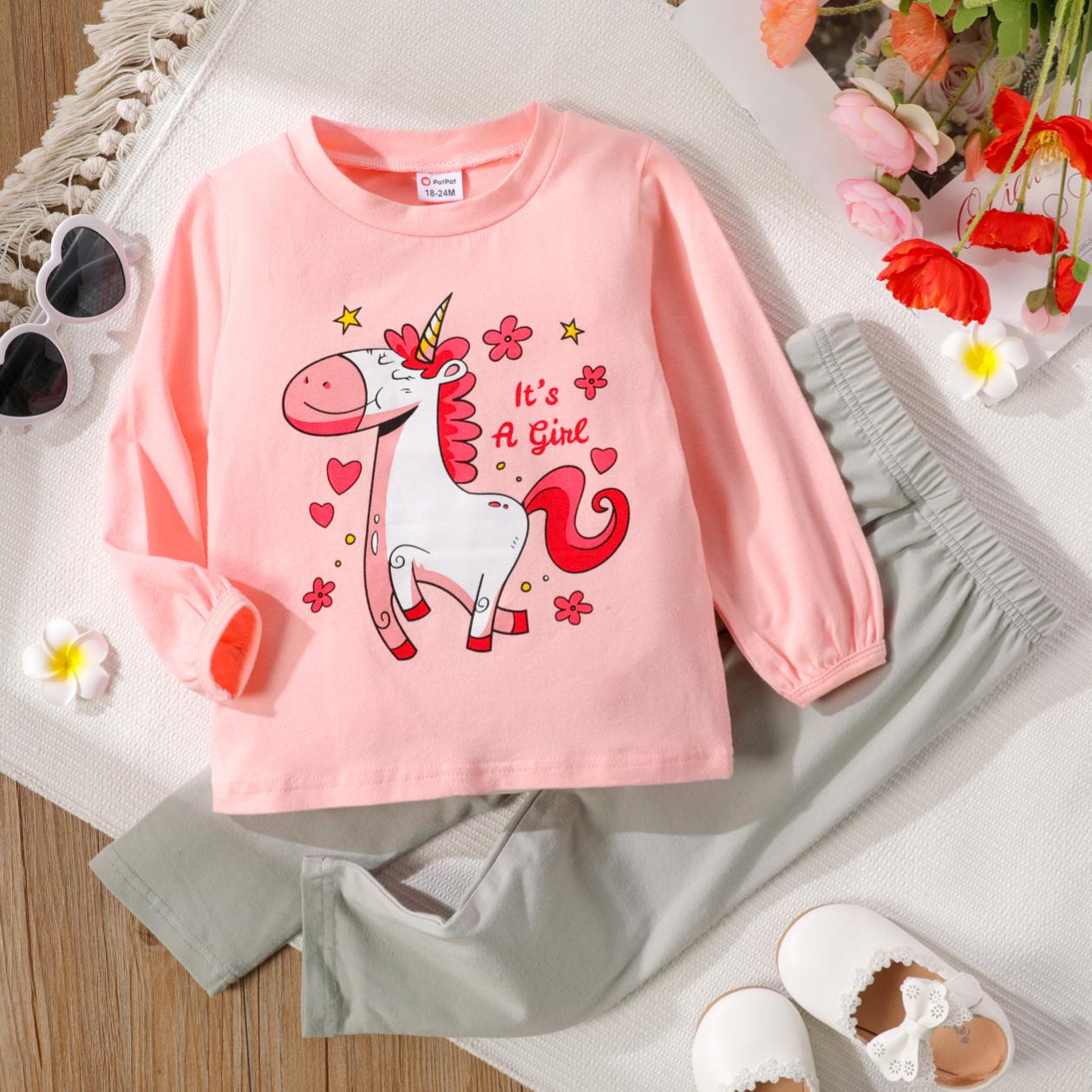 

2-piece Toddler Girl 100% Cotton Unicorn Print Pullover Sweatshirt and Elasticized Pants Set