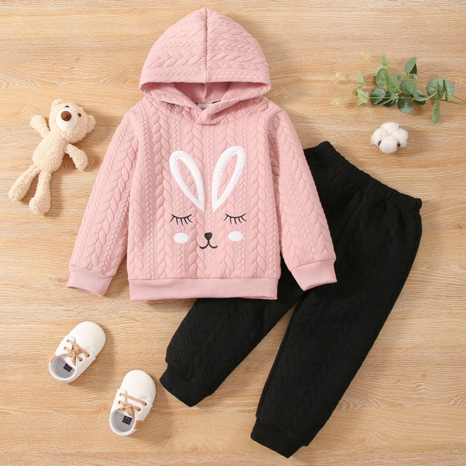

2-piece Toddler Girl Rabbit Embroidered Cable Knit Textured Hoodie Sweatshirt and Black Pants Set
