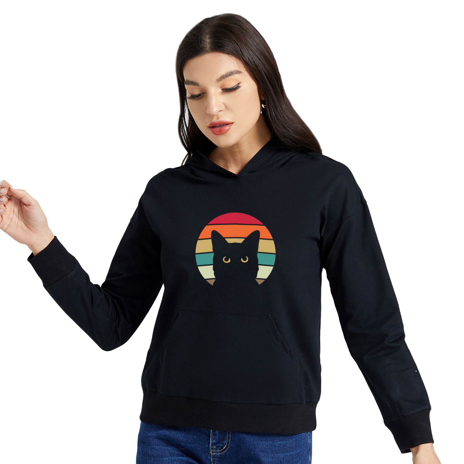 

Women Graphic Cat Print Long-sleeve Hooded Pullover