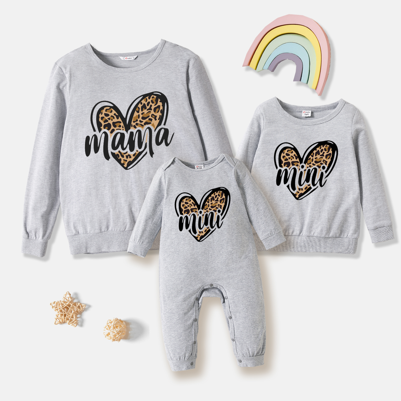 

100% Cotton Leopard Love Heart Letter Print Grey Long-sleeve Pullover Sweatshirts for Mom and Me