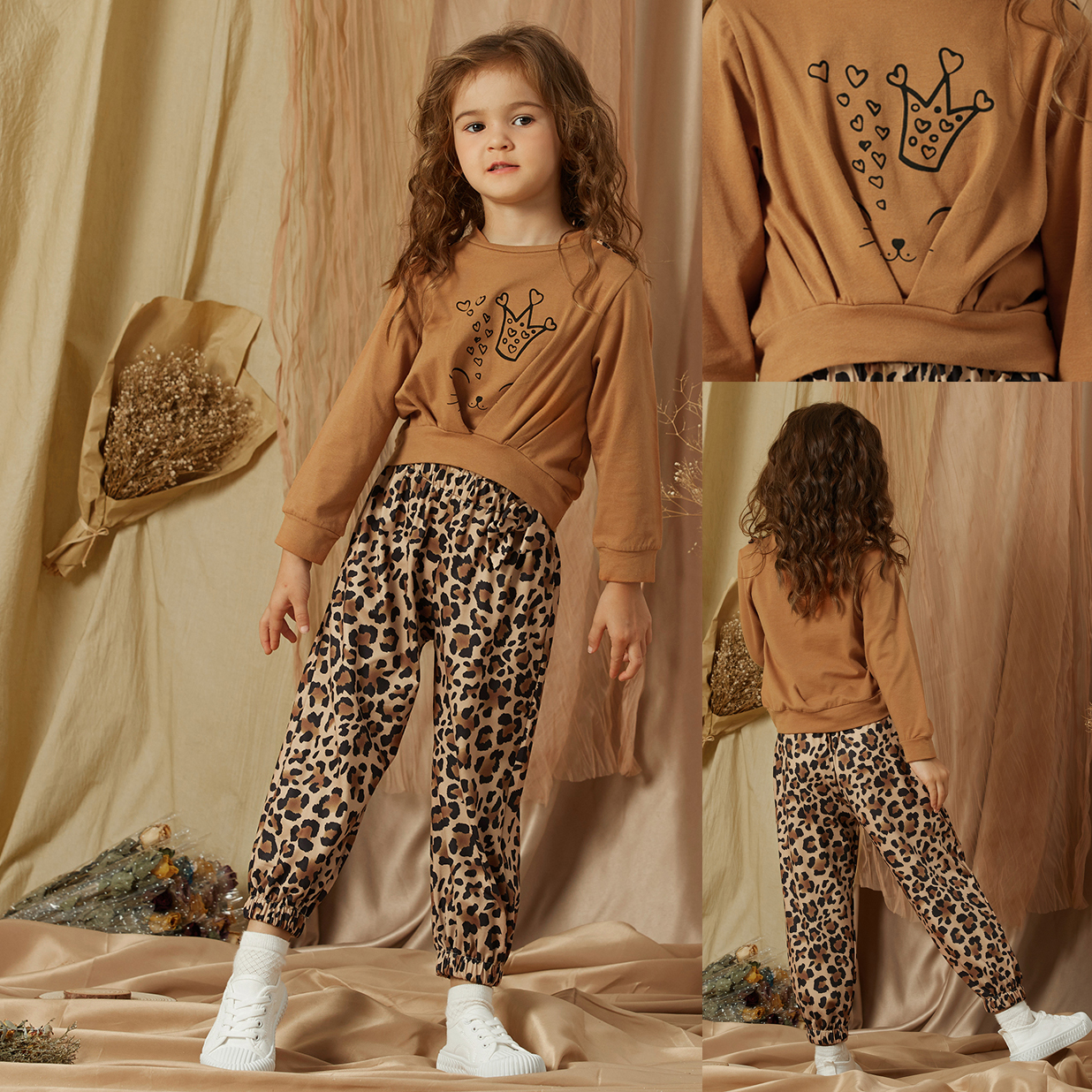 

2-piece Toddler Girl Cat Heart Print High Low Pullover Sweatshirt and Leopard Print Paperbag Pants Set