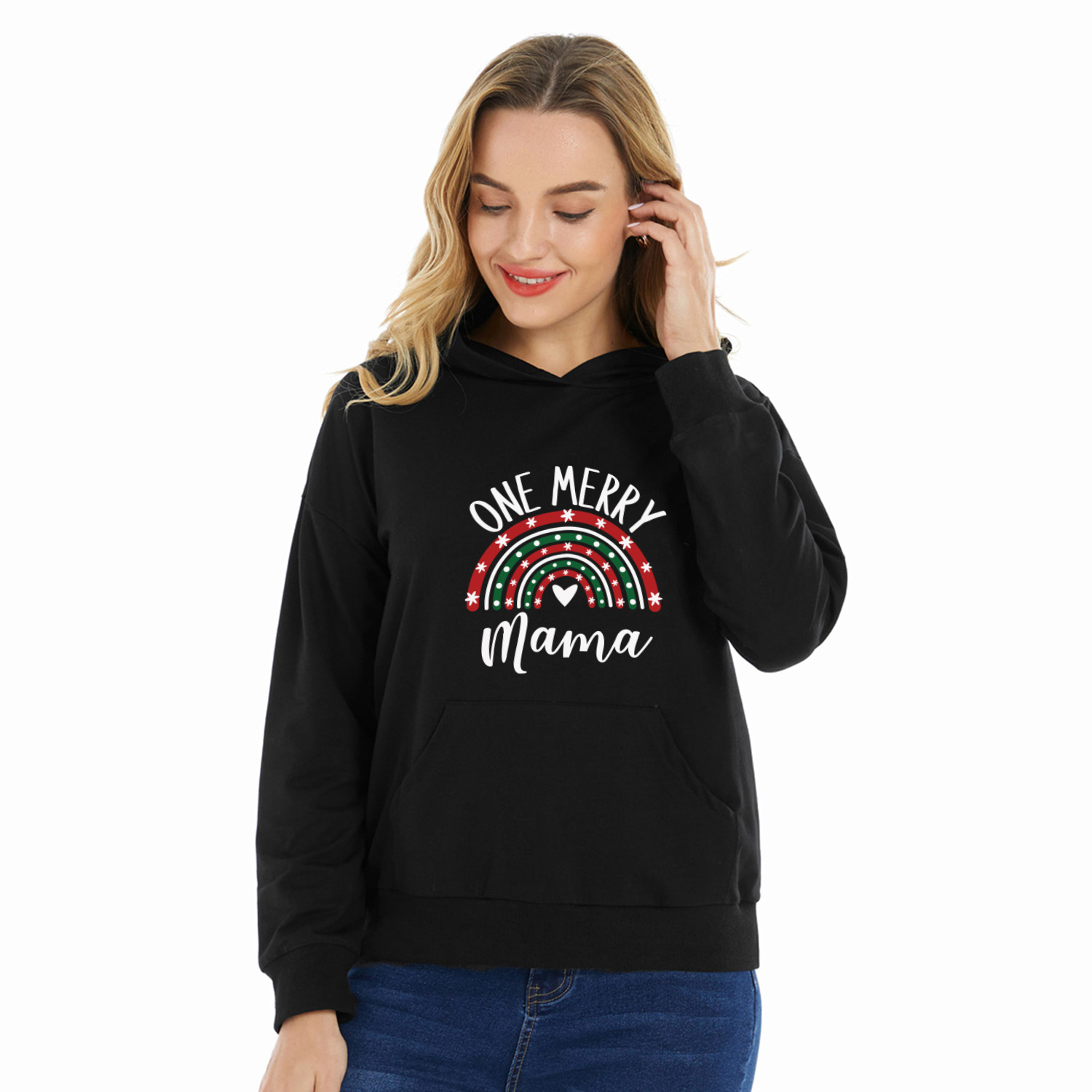 

Christmas Women Graphic Letter and Rainbow and Heart Print Long-sleeve Hooded Pullover