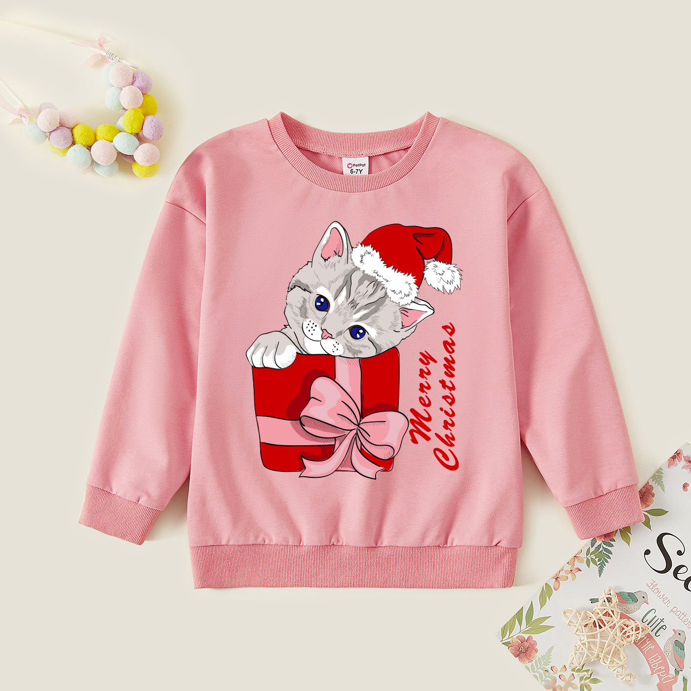 

Christmas Kid Graphic Cat and Letter and Gift Print Long-sleeve Pullover