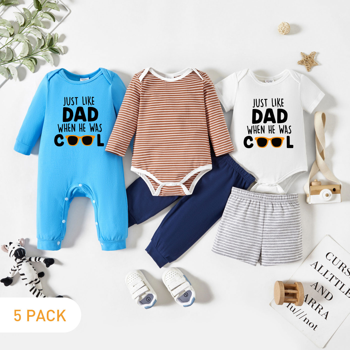

5-Pack Baby Boy Graphic Letter and Glasses Print Striped Romper Jumpsuit Pants Set