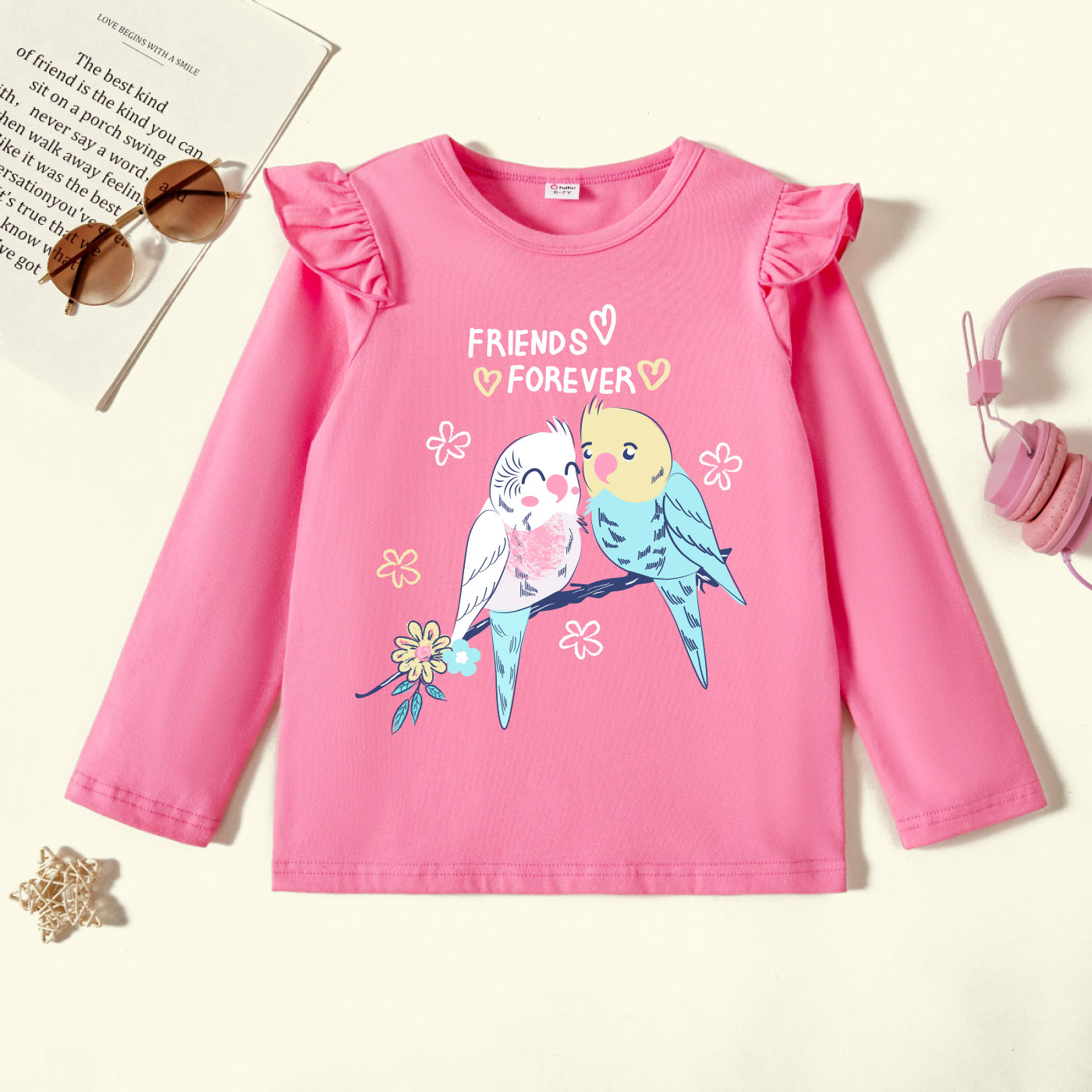 

Kid Girl Graphic Parrot and Floral and Letter Print Ruffled Long-sleeve Tee