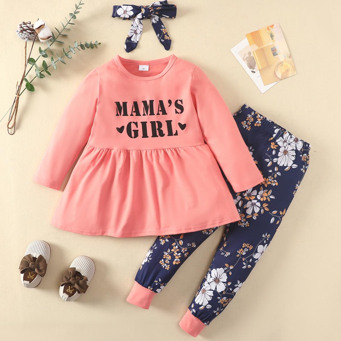 

3-piece Toddler Girl Letter Print Long-sleeve Pink Peplum Top, Floral Print Pants and Headband Set